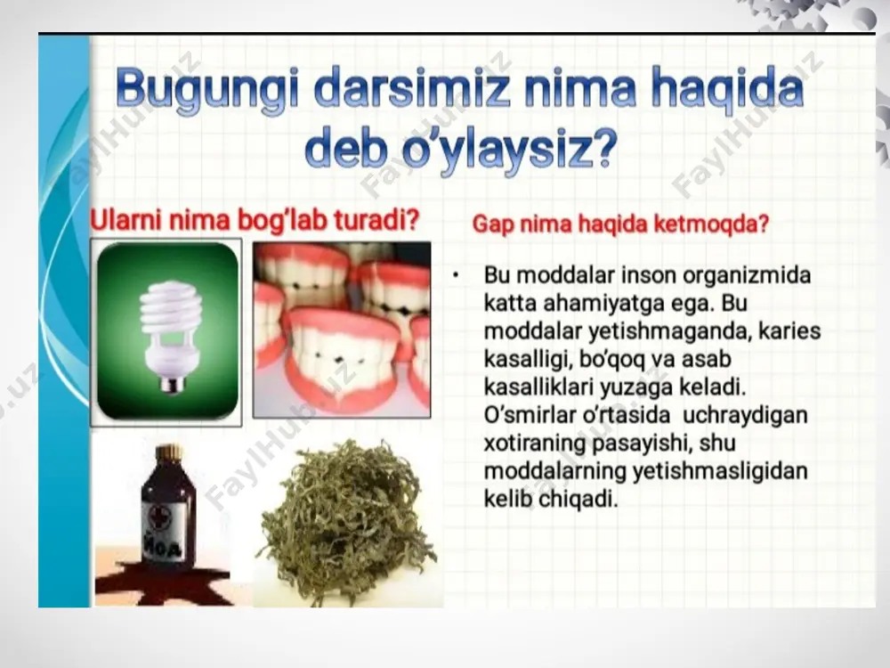 la.qizdirilganda portlaydi: 2cl2o = 2cl2 + o2 cl2o suvda hclo: cl2o+h2o= 2hclo kuchsiz kislota (k=5*10-8). hclo= hcl+o gipoxloritlar: 2naoh+cl2= nacl + naclo+h2o katalizatorsiz : 3ксlo = kclo3 + 2kcl 1792 y. parijda ( javel suvi ) bertole gaz holatdagi xlorni: 2кон + сl2 = ксl + kclo + h2o cl2 + 2k2co3 + h2o = kclo + kcl + 2khco3 са(он)2 + cl2 = caclocl + h2o caclocl parchalanishi: саclocl + co2 = caco3 + cl2 xlorning kislorodli birikmalari brom olinishi. 2kbr+cl2=2kcl+br2 bromidlarni elektrolizi. laboratoriyada: 2nabr+mno2+2h2so4=mnso4+br2+na2so4+ 2h2o xossalari. qizg’ish qo’ng’ir rangli suyuqlik (s. h. -7,3 os,) o’tkir va zaharli hidga ega. metallar bilan : ca+br2=cabr2 h2+br2 2hbr br2+ h2o=hbro+hbr br2+2naoh=nabr+nabro + h2o 3br2+6naoh= 5nabr+nabro3+ 3h2o 3br2+10hno3=6 hbro3+10no +2h2o hbr. bir litr suvda 600 litr hbr. pbr3+3h2o=h3po3+3hbr ishq. va ishq. -yer metallari bromidlari ion bog’lanishli. agbr, pbbr2 kabi hbr tuzlari eruvchanligi oz. 4hbr+o2=2br2+2h2o hbr qayt-chi: 2hbr+h2so4=so2+br2+2h2o gipobromitlar parchalahganda: 3kbro=2 kbr+kbro3 br2+6h2o+5cl2=2hbro3+10 …