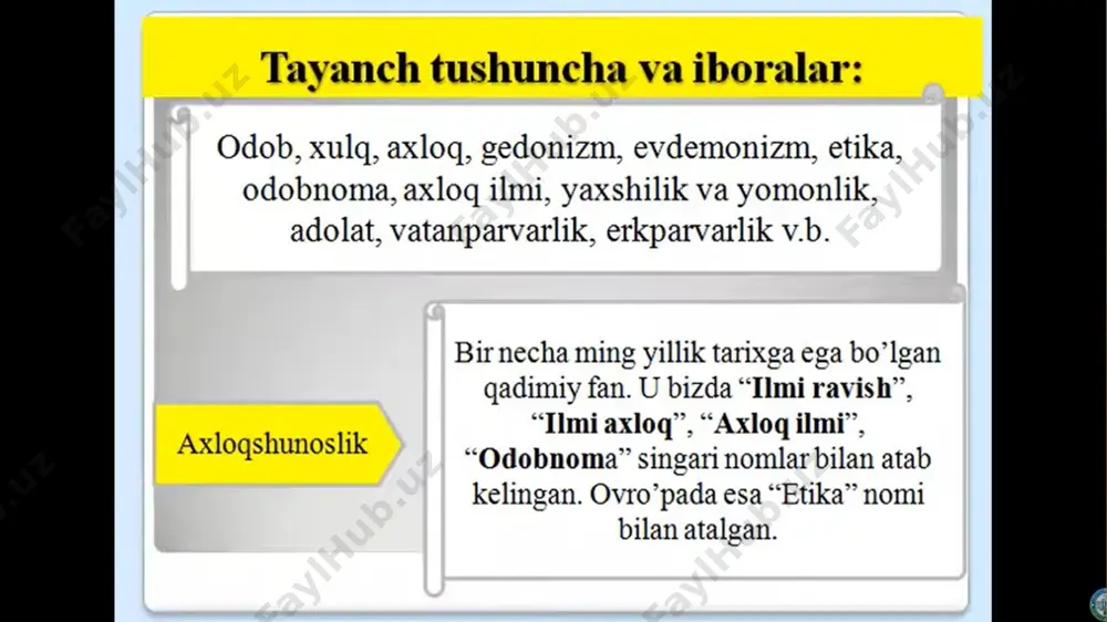 at. uning ezgulik va yovuzlik hamda yaxshilik va yomonlikdan asosiy farqi shundaki, adolatning o’zi biror–bir qadriyatni anglatmaydi, lekin qadriyatlar orasidagi nisbatni belgilaydi, ularni baholash maqomiga ega. ziyolilik ziyolilik tamoyili hozir biz anglaydigan tushuncha ma’nosida nisbatan uzoq tarixga ega emas. u jadidchilik harakati bilan birga yuzaga keldi desak, xato qilmagan bo’lamiz. mehnatsevarlik mehnatsevarlik tamoyili mehnat jarayonida shaxsning o’z–o’zini namoyish etishiga, o’zligini ro’yobga chiqarishiga, o’zgalar bilan munosabatlar o’rnatishiga imkon yaratuvchi axloqiy fazilatdir. u insondan halollikni, intizomni, ishtiyoq va intilishni talab etadi, mehnatga nisbatan sub’ektiv tarzdagi ijobiy munosabatni taqozo qiladi. rostgo’ylik rostgo’ylik yoki to’g’ri so’zlilik insonning haqiqatga intilishi bilan bog’liq, haqiqat esa doimo sinfiylik–tabaqaviylik, partiyaviylik–mafkuraviylik va tarixiylik–davriylikdan yuqori turadi. haqiqatning ifodaviy shakllaridan biri rostgo’ylikdir. xushfe’llilik, shirinsuxanlilik, kamtarinlik, bosiqlik xushfe’llilik, shirinsuxanlilik qay darajadadir ko’proq ixtiyor bilan, kishining ma’lum bir insoniy tabiatga intilishi bilan bog’liq bo’lsa, bosiqlik, kamtarinlik, kamsuqumlik aksincha, ko’proq iroda kuchi natijasida yuzaga keladi. zotan insonning o’z g’azabini bosa bilishi, noroziligini barvaqt bildirmasligi; …