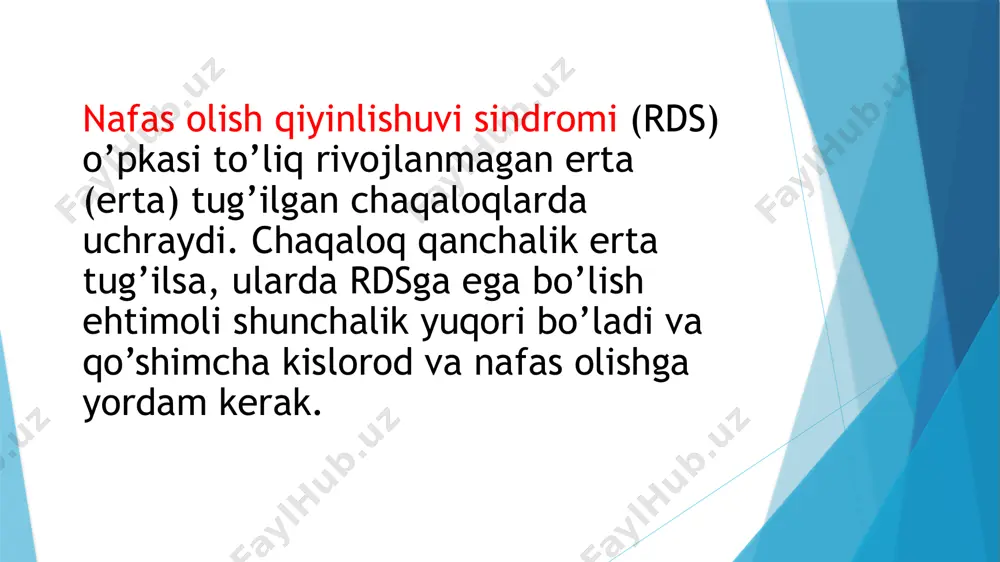 ha usul bilan berilishi mumkin: •burun kanulasi: burun teshigiga tishlari bo'lgan kichik naycha o'rnatiladi. •doimiy musbat havo yo'li bosimi (cpap): bu mashina havo qoplarini ochiq tutish uchun o'pkaga havo yoki kislorodni muloyimlik bilan suradi. •ventilator (og'ir rds uchun): bu chaqaloq yordamisiz etarlicha yaxshi nafas ololmasa, nafas olishiga yordam beradigan mashina. nafas olish trubkasi chaqaloqning nafas trubasiga qo'yiladi. bu intubatsiya (in-too-bay-shun) deb ataladi. keyin chaqaloq nafas olishiga yordam berish uchun ventilyatorga joylashtiriladi. surfaktant - surfaktant chaqaloqning o'pkasiga ularda yo'q narsalarni almashtirish uchun berilishi mumkin. bu to'g'ridan-to'g'ri nafas olish naychasiga o'rnatilgan nafas olish trubkasi orqali beriladi. vena ichiga ( iv ) kateter bilan davolash - kateter deb ataladigan juda kichik naycha kindik ichakchasidagi bir yoki ikkita qon tomirlariga joylashtiriladi. shunday qilib, chaqaloq tomir ichiga suyuqlik, oziq-ovqat va dori-darmonlarni oladi. u qon namunalarini olish uchun ham ishlatiladi. dori-darmonlar - ba'zida infektsiyaga shubha bo'lsa, antibiotiklar beriladi. davolash paytida og'riqni engillashtirish uchun tinchlantiruvchi dorilar berilishi …