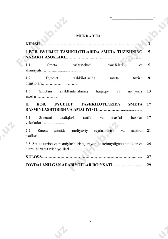 nlash, xarajatlarni tartibga solish va davlat moliyasining samarali ishlatilishini nazorat qilish imkonini beradi. smeta tuzish va uni rasmiylashtirish jarayoni tashkilotning moliyaviy intizomini ta’minlash, resurslardan samarali foydalanish va davlat mablag‘larining oqilona sarflanishini nazorat qilishda muhim vosita sifatida xizmat qiladi. smeta nafaqat moliyaviy rejalashtirishning asosi, balki tashkilotning moliyaviy barqarorligini ta’minlovchi asosiy hujjat hisoblanadi. kurs ishining dolzarbligi - bugungi kunda byudjet tashkilotlarida smeta tuzish jarayonida uchraydigan kamchiliklar va xatoliklar samarali moliyaviy boshqaruvga salbiy ta’sir ko‘rsatadi. smetaning noto‘g‘ri tuzilishi yoki rasmiylashtirilishdagi kamchiliklar byudjet mablag‘larining noto‘g‘ri taqsimlanishiga, moliyaviy nazoratning samarasizligiga va tashkilot faoliyatining samaradorligiga olib keladi. shu sababli smeta tuzish va rasmiylashtirish jarayonlarini mukammal o‘rganish va amaliyotga tatbiq etish bugungi shart-sharoitlarda dolzarb vazifa sifatida qaraladi. kurs ishining ob’ekti - byudjet tashkilotlarida smeta tuzish va rasmiylashtirish jarayonlaridir, predmeti esa bu jarayonlarni huquqiy, metodik va amaliy jihatdan tahlil qilish, ularni samarali amalga oshirish mexanizmlari hamda nazorat usullari hisoblanadi. ob’ekt va predmetning aniqligi kurs ishining ilmiy va amaliy …