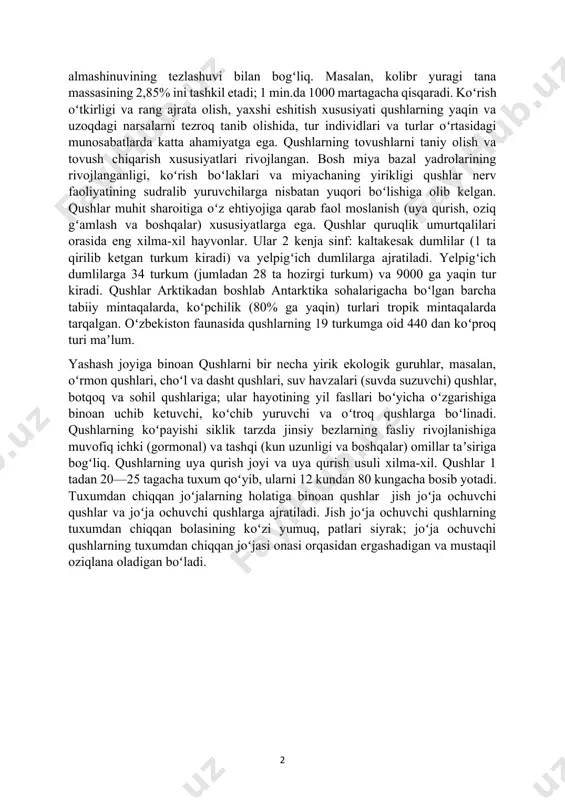mkon beradi. ovqat xiliga moslanish qiziloʻngachning ixtisosla-shuvi (ayrim qushlarda jigʻildonning rivojlanishi), muskulli oshqozonning paydo boʻlishi va ichakning uzayishiga olib kelgan. qushlarning toʻgʻri ichagi rivojlanmagan. ayirish organlari 2 ta yirik buyraklar tana vaznining 1 — 2% ini tashkil etadi; qovugʻi boʻlmaydi. ichagi, siydik chiqarish va jinsiy bezlari sistemasi yoʻli kloakaga ochiladi. qattiq poʻchoq bilan qoplangan yirik tuxum qoʻyishi tufayli qushlarning chanoq kamari suyaklari yiriklashgan. qushlarning narida 2 tadan urugʻdon va urugʻ yoʻli, modasida faqat chap tuxumdon va tuxum yoʻli rivojlangan (yapaloqqushlar va yirtqich qushlarda oʻng qismi ham bor). urugʻdon va tuxumdonlar oʻlchami jinsiy sikl davriga bogʻliq. mas, uya qurish oldidan urugʻdonlar 300—1000 marta kattalashadi. qon aylanish sistemasining tuzilishi va fiziologik xususiyatlari, yuragining nisbatan yirik boʻlishi va jadal ishlashi, yuqori qon bosimi moddalar almashinuvining tezlashuvi bilan bogʻliq. masalan, kolibr yuragi tana massasining 2,85% ini tashkil etadi; 1 min.da 1000 martagacha qisqaradi. koʻrish oʻtkirligi va rang ajrata olish, yaxshi eshitish xususiyati qushlarning yaqin …