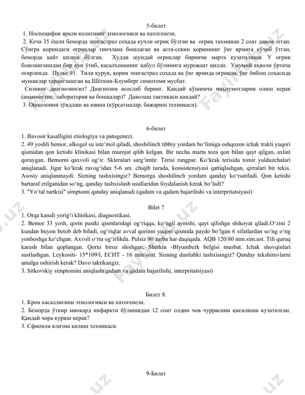 esa palpatsiya paytida o'tkir og'riqlar aniqlanadi, shyotkin-blumberg simptomi kuchsiz musbat. pasternatskiyning simptomi manfiy. leykotsitlar - 15,8 ming. siydikda protein izlari, ko'rish maydonida 5-6 ta leykotsitlar. sizning dastlabki tashxisingiz qanday? homilador ayollarda o'tkir appenditsitning klinik belgilari qanday? tashxisni aniqlashtirish uchun qanday instrumental tadqiqot usullarini o'tkazish kerak? 3. sifonli klizma texnikasi 4-bilet 1. rentgenografiya mezonlari va piloroduodenal yarali stenozning bosqichlari. 2. bemor 36 yoshda, qiyshiq chov churrasi qisilishidan 12 soat o'tgach operatsiya o'tkazildi, churra qopchasida ingichka ichakning ikkita hayotga layokatli qovuzloqlari bo'lgan. bemorda churra kesish va chov kanalini martinov bo'yicha plastika qilish amaliyoti bajarilgan. ertasi kuni bemorda peritonit klinikasi paydo bo'lgan. jarroh qaysi churra qisilishi turiga duch kelgan? operatsiya payti u qanday xatoga yo'l qo'yilgan? adekvat davolash taktikasi qanday bo'lishi kerak edi? 3. shyotkin-blumberg simptomini aniklash (bajarish ketma ketligi va talqini). 5-bilet 1. nospetsifik yarali kolitning etiologiyasi va patogenezi. 2. kecha 35 yoshli bemorda epigastral sohada kuchli og'riq bo'lgan va og'riq taxminan …