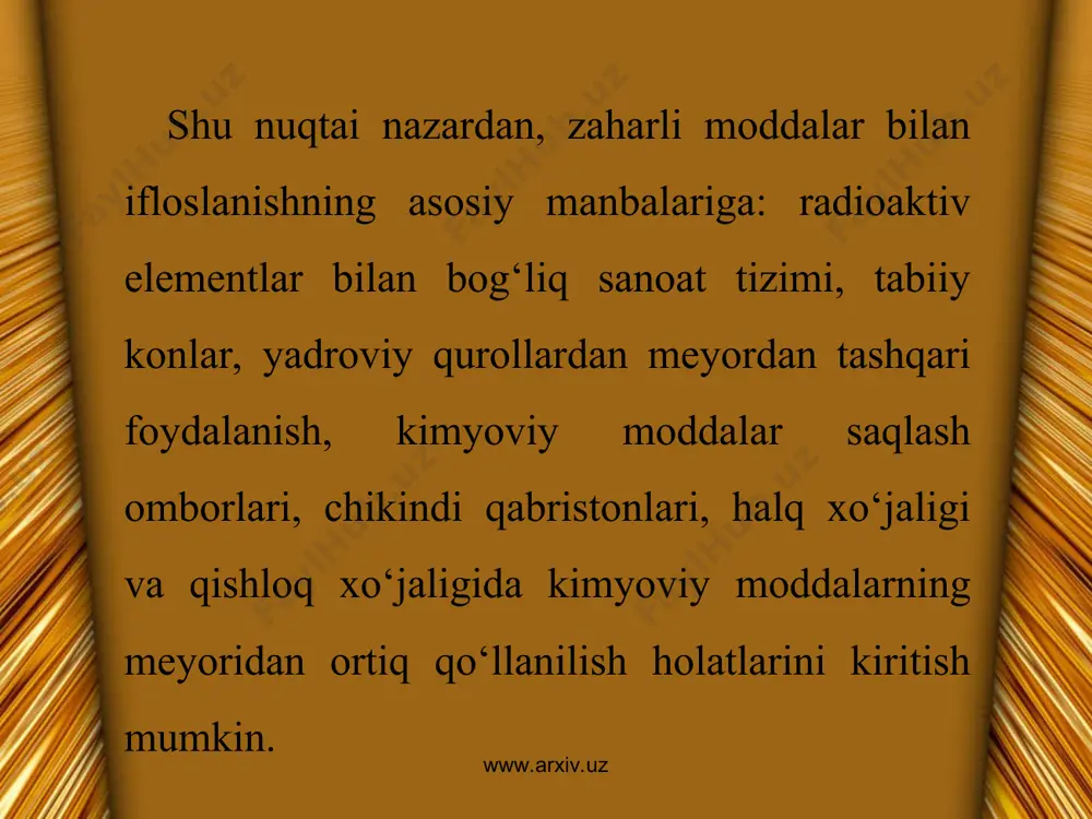www.arxiv.uz tuproqda kimyoviy elementlar va moddalar miqdori, ularning qabul qilingan meyor (qqm) ko‘rsatkichi ma’lumki, respublikamiz tuproqdarida d.i.mendeleyev davriy sistemasidagi barcha elementlar ma’lum miqdorda uchraydi. bu tuproq hosil qiluvchi ona jinslari, evolyutsiya davomidagi o‘zgarishlar natijasida vujudga kelgan. biroq bu elementlar yer yuzidagi barcha tuproqlarda bir xil tarqalgan emas, ya’ni bu tuproq hosil bo‘lish omillari bilan bog‘liq hisoblanadi. www.arxiv.uz www.arxiv.uz xalq ho‘jaligida turli faoliyatlar mobaynida tuproq tarkibidagi elementlar yoki moddalar miqdori o‘zgarib turadi. har bir tuproqqa tushadigan kimyoviy modda yoki elementning o‘ziga hos xususiyati bo‘lib, tuproqka turlicha ta’sir qiladi. www.arxiv.uz www.arxiv.uz tuproqda mavjud elementlar kuyidagi 4 guruhga ajratiladi: 1. litofil elementlar guruhi: 81, tl, 8, r, g‘, s1, a1, 8ye, №, k, sa, m§ va boshqa jami 51 element kiradi. bular biosferada oksidlarni, gidroksidlarni, kislorodli kislota tuzlarini hosil qiladi. 2. halkofil elementlar guruhi: si, 2p, r, a§, syo, mp, g‘ye kabi elementlar, bular oltingugurt bilan ko‘proq birikm.alar hosil qiladi. www.arxiv.uz www.arxiv.uz 3. …