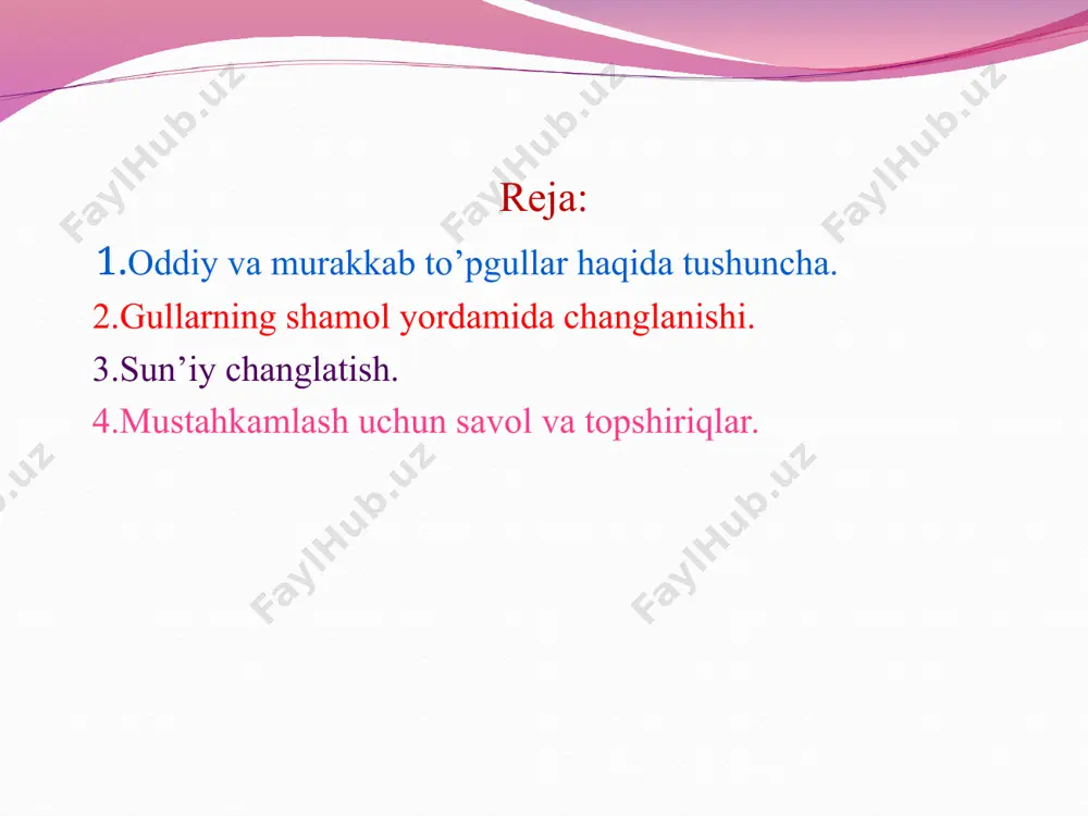 r kiradi. mevali daraxtlar va g’o’za gullaganda bog’bonlar va paxtakolar asalari qutilarini bog’larga va paxta dalalariga olib chiqishadi.bundan maqsad, birinchidan, gullarni changlatib, mo’l hosil olish bo’lsa, ikkinchidan, yaxshi sifatli, xushbo’y asal yetishtirish. shunday o’simliklar borki, ularning guli faqat shamol yordamida changlanadi. bunday o’simliklarning guli ko’rimsiz, mayda va hidsiz bo’ladi. chang shamol yordamida bir guldan boshqa gulga o’tsa, bunday o’simliklar shamol yordamida changlanadigan o’simliklar deyiladi. shamol yordamida changlanadigan ko’pgina o’simliklar avval gullab, keyin barg chiqaradi. bug’doy shamol yordamida changlanadigan o’simlikdir. u ikki jinsli o’simlik. uning gullari murakkab boshoqda o’rnashgan bo’lib, changchilari boshoqdan tashqarida osilib turadi. shamol esgan vaqtda tebrangan changchi gullardagi changdonlar bir-biriga urilib yoriladi va ulardan chang sochiladi.shamol yordamida bu changlar boshoqdan urug’chi gulning tumshuqchasiga o’tadi. bordi-yu, shamol esmay chang boshoqdagi hamma tumshuqchlarga tushmay qolsa, u holda siyrak donli boshoq hosil bo’ladi va hosildorlik oasayib ketadi agar o’simliklarning guli chetdan va o’z-o’zidan changlamasdan odamlar tomonidan changlantiriladigan bo’lsa, uni sun’iy changlanish …