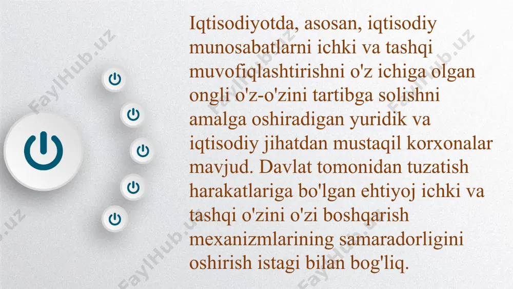 lik faoliyatini rag'batlantiradi. investitsiyalar, milliy iqtisodiyotni rivojlantirish inflyatsiyaga qarshi strategiya. 11 02 byudjet taqchilligini ikki yo'l bilan bartaraf etish mumkin: daromadlarni ko'paytirish va xarajatlarni kamaytirish. uzoq muddatli istiqbolda byudjetning xarajatlar qismidagi pasayish dinamikasining bashorat qilinishiga ustunlik beriladi. investitsion siyosat tomonidan qo'llab-quvvatlanadigan davlatning muvozanatli tarkibiy siyosati bozor muvozanatini ta'minlashga katta ta'sir ko'rsatishi mumkin. 12 ijtimoiy tartibga solish. milliy iqtisodiyotni rivojlantirish muammolarini inobatga olgan holda, iqtisodiy va ijtimoiy munosabatlar bir-biriga chambarchas bog'liqligini ta'kidlash kerak. istisnosiz jamiyatning asosiy ishlab chiqaruvchi kuchi va barcha ijtimoiy munosabatlarning tashuvchisi bo'lib, inson uni fiziologik va jismoniy, ma'rifiy va madaniy, ijtimoiy va iqtisodiy jihatdan ko'paytirishga yo'naltirilgan ijtimoiy-iqtisodiy tizimning yadrosiga aylanadi. 13 2 0 2 4 thanks 14 image2.jpeg image1.jpeg image3.jpeg image4.png image5.png image6.png image7.png image8.jpeg image9.jpeg image10.jpeg image11.jpeg image12.jpeg /docprops/thumbnail.jpeg