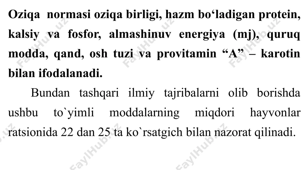 ,78-2,4 17,85-24,15 225-292 145-195 10-6 qo‘zidan ajratilgan sovliqlar 50-70 1,05-1,25 12-14,5 160-185 95-115 10-12 hozirgi paytda qo‘ylarni oziqlantirishda tabiiy iqlim sharoiti va ekologiyaning o‘zgarishini inobatga olgan holda ular ratsionini 18-20 turdagi to‘yimli moddalar bilan nazorat qilishni taqqoza qilmoqda. ushbu to‘yimli moddalarga quyidagilar kiradi. oziqa birligi, almashinuv energiyasi mj, quruq modda, xom protein, hazm bo‘ladigan protein, lizin tarkibida uglerod saqlovchi oqsillar, kraxmal qand, kletchatka ca, f magniy, oltingugurt, temir, mis, rux, kobalt, marganets, yod, karotin, vitamin d va e. qo‘ylar ozuqa ratsionida har 100 kg tirik vazniga 3,2-3,8 kg quruq modda to‘g‘ri kelishi kerak. qo‘ylarni to‘la qiymatli oziqlantirishda birinchi navbatda ular ratsionida hazm bo‘ladigan protein bilan ta’minlashga asosiy e’tibor qaratish lozim. qo‘ylarni oziqlantirishda tabiiy iqlim sharoitiga qarab oziqlantirish tipi aniqlanadi. markaziy osiyo va qozog‘istonda asosan qo‘ylar yaylovda boqilganligi uchun quyidagi oziqlantirish tipidan foydalanish maqsadga muvofiq. ozuqalar qo‘chqorlar ona qo‘ylar podani to‘ldirish uchun o‘stirishga qoldirilgan yosh qo‘zilar qo‘zichoqlar dag‘al 25 35-40 35 …