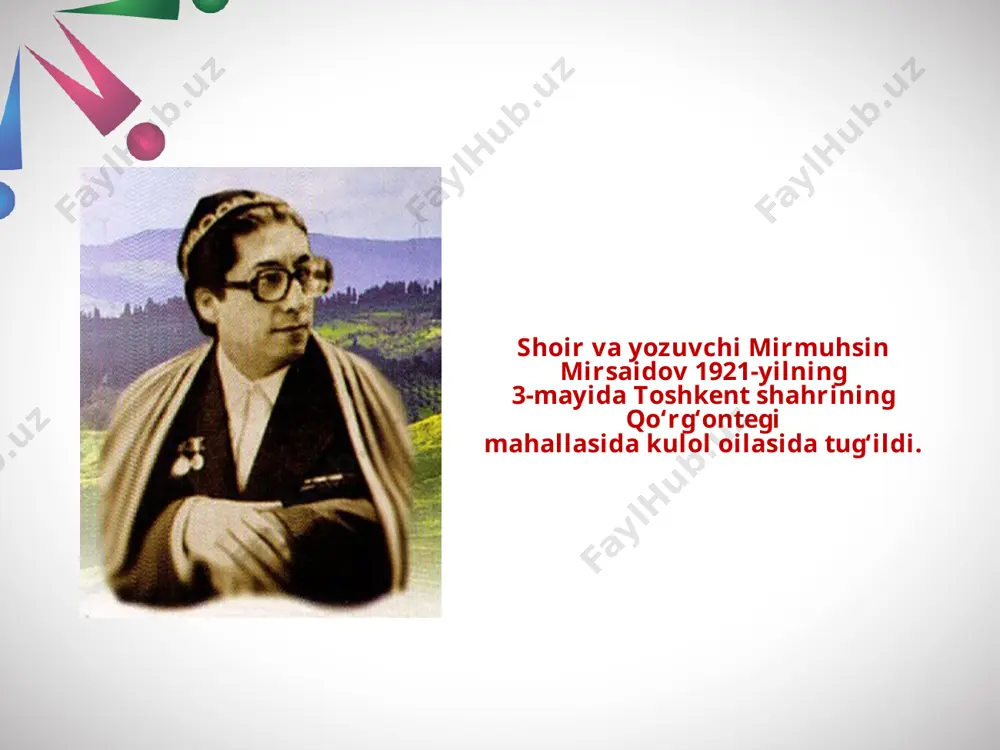 ing barcha davrida ham bolalar uchun asarlar yozgan adibdir. uning «sheralining mardligi», «ovchi bolalar», «luqmon va o‘roqboy» singari turli janrlardagi asarlarida bolalarning o‘ziga xos hayoti va ruhiy dunyosi tasvirlangan. mirmuhsin uzoq yillik ijodiy faoliyati uchun 1974-yilda hamza nomidagi davlat mukofoti, 1998-yilda «el-yurt hurmati» ordeni bilan taqdirlangan. adibga 1981-yilda «o‘zbekiston xalq yozuvchisi» unvoni berilgan. me’mor (romandan parcha) iste’dodli me’mor, muhtasham imoratlar qurib, go‘- zallik yaratishdan boshqa narsani o‘ylamaydigan ijodkor najmiddin buxoriy temuriy hukmdor shohrux zamonida hirot shahriga kelib, boshkentning obodligi yo‘lida ulkan ishlar qiladi. hayotning chigalligi hamda adolatsizlik qurish va yaratishdan o‘zgani bilmaydigan oliyjanob me’mor boshiga ko‘pgina ko‘rguliklar soladi. uning yolg‘ iz o‘g‘li nizomiddin saltanatga yov bo‘lgan guruh larga qo‘shilib, shohruxga suiqasd qilgan lardan biri sifatida qo‘lga olinib, qatl etiladi. endi buxo riy larning hirotda qolishi mumkin emasdi. quyi dagi parchada boshiga ulkan baxtsizlik tushib, ota yurtiga qaytayotgan me’mor buxoriy kechirgan voqealar tasvir etiladi. image2.jpeg image3.jpeg image4.jpg image5.jpeg image6.jpeg image7.jpg image8.jpg …