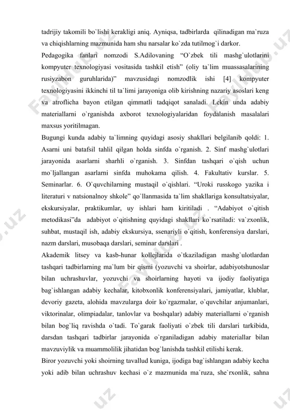 ari tadbirlarning ma`lum bir qismi (yozuvchi va shoirlar, adabiyotshunoslar bilan uchrashuvlar, yozuvchi va shoirlarning hayoti va ijodiy faoliyatiga bag`ishlangan adabiy kechalar, kitobxonlik konferensiyalari, jamiyatlar, klublar, devoriy gazeta, alohida mavzularga doir ko`rgazmalar, o`quvchilar anjumanlari, viktorinalar, olimpiadalar, tanlovlar va boshqalar) adabiy materiallarni o`rganish bilan bog`liq ravishda o`tadi. to`garak faoliyati o`zbek tili darslari tarkibida, darsdan tashqari tadbirlar jarayonida o`rganiladigan adabiy materiallar bilan mavzuviylik va muammolilik jihatidan bog`lanishda tashkil etilishi kerak. biror yozuvchi yoki shoirning tavallud kuniga, ijodiga bag`ishlangan adabiy kecha yoki adib bilan uchrashuv kechasi o`z mazmunida ma`ruza, she`rxonlik, sahna ko`rinishlari, qo`shiqlarni aks ettiradi. demak, tadbirga ko`riladigan tayyorgarlik ishlari ma`ruza matnini tuzish, she`r va qo`shiqlar tanlash, ssenariylar yozish, sahnalashtirish kabilarni o`z ichiga oladi. adabiy kechaning eng mas`uliyatli qismlaridan biri ma`ruza yoki chiqishlardir. tadbirning ruhi, maqsad sari yo`nalganligi ko`p jihatdan ana shu qismda ochiladi. adabiy tadbirlarda biror adabiy davrning sharhi, biror yozuvchi yoki shoirning hayoti va ijodi ma`ruza va chiqishlar ko`rinishida tinglovchilarga havola qilinishi, …