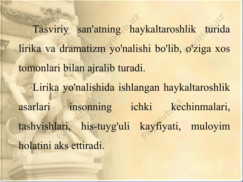 ykal ishlanadi. vazifani relefli bo'rtma haykal ko'rinishda ishlash ham mumkin. bo'rtma haykal uchun taglik yog'och va sim karkas kerak bo'lmaydi. karton qog'ozga kompozitsiya tasviri chizib olinadi va chizilgan rasm ustiga loy yoki plastilin bilan bo'rtma haykal tasviri ishlanadi. takrorlash uchun savollar: lirika yo'nalishidagi haykallar mazmuniga ko'ra qanday holatlarni aks ettiradi? dramatizm yo'nalishidagi haykallar o'z mazmuniga ko'ra qanday holatlarni ifodalaydi? "baxtiyor ona" mahobatli haykalining muallifi kim? "vatanga qasamyod" mahobatli haykaltaroshlik asarining mualli-fini ayting?