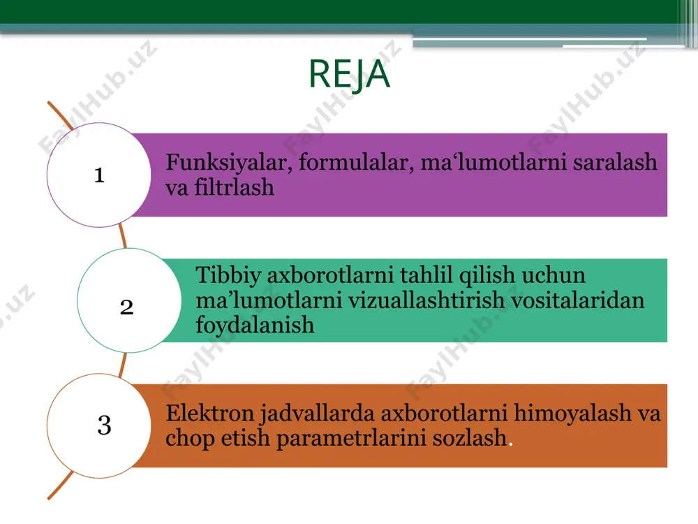tlar ro‘yxati. ular o‘rnida aniq sonlar, maydon yoki katak adreslari kelishi mumkin. masalan, b2:d50 maydonda joylashgan sonlar yig‘indisini topish uchun =сумм(b2:d50) formulani yozish, 30 soni bilan a2:e2 maydonda joylashgan sonlar yig‘indisini topish uchun =сумм(a2:e2;30) formulani yozish, c2:e10 va f11:h15 maydonlarda joylashgan sonlar yig‘indisini topish uchun esa =сумм(c2:e10;f11:h15) formulani yozish kifoyadir. срзнач funksiyasi sonlar va berilgan maydonda joylashgan qiymatlar o‘rta arifmetigini topishda ishlatiladi. umumiy ko‘rinishi: срзнач(1-qiymat;2-qiymat; ... ;n-qiymat) masalan, c3:c20 maydonda joylashgan sonlarning o‘rta arifmetigini topish uchun =срзнач(c3:c20) formuladan foydalanish mumkin. макс funksiyasi sonlar va berilgan maydonda joylashgan qiymatlarning eng kattasini topish uchun qo‘llaniladi. umumiy ko‘rinishi: макс(1-qiymat;2-qiymat; ... ;n-qiymat) masalan, b2:d10 maydonda joylashgan sonlarning eng kattasini topish uchun = макс(b2:d10) formula yozilishi lozim. мин funksiyasi sonlar va berilgan maydonda joylashgan qiymatlarning eng kichigini topish uchun qo‘llaniladi. umumiy ko‘rinishi: мин(1-qiymat;2-qiymat; ... ;n-qiymat) masalan, 30 soni bilan c2:c10 maydonda joylashgan sonlarning eng kichigini c11 katakda hosil qilish kerak bo‘lsa, c11 katakka =мин(30;с2:с10) formula …
