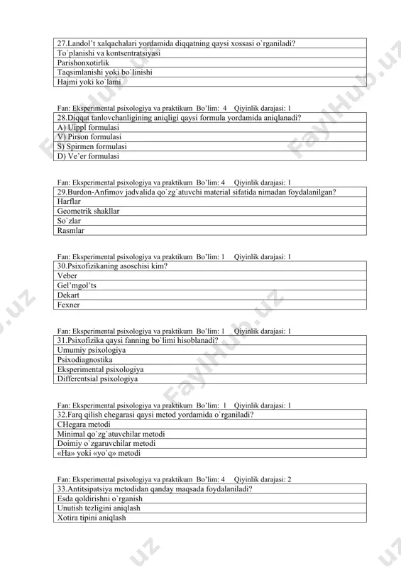 qlang. a.a.smirnov a.n.leont’ev g.ebbingauz k.levin fan: eksperimental psixologiya va praktikum bo’lim: 2 qiyinlik darajasi: 1 35.dastlab tekshiriluvchiga qo`zg`atuvchi material to`la yod olinguncha beriladi, so`ngra ma`lum vaqt o`tgach uni qayta esga tushirish so`raladi. esda qoldirish vaqti, takrorlashlar soni yoki tekshiriluvchi tomonidan yo`l qo`yilgan xatolar miqdorini aniqlashga qaratilgan bu metod qanday nomlanadi? antitsipatsiya metodi g.v.repkina metodi o`xshash qatorlar metodi saqlab qolish metodi fan: eksperimental psixologiya va praktikum bo’lim: 3 qiyinlik darajasi: 1 36.tanish yoki qayta esga tushirish koeffitsientini aniqlash formulasi ( ) kim tomonidan tavsiya etilgan a.a.smirnov a.r.luriya b.f.lomov t.p.zinchenko fan: eksperimental psixologiya va praktikum bo’lim: 4 qiyinlik darajasi: 1 37.operativ xotirani aniqlash metodi mualliflarini aniqlang. g.v.repkina, t.p.zinchenko a.a.smirnov, v.p.zinchenko a.m.leont’ev, b.v.zeygarnik g.ebbingauz, k.levin fan: eksperimental psixologiya va praktikum bo’lim: 4 qiyinlik darajasi: 1 38.qatorning ushlanib qolgan qismlari metodi xotiraga xos qaysi xususiyatni o`rganadi? qayta esga tushirish esda saqlash individual farqlar unutish fan: eksperimental psixologiya va praktikum bo’lim: 5 qiyinlik darajasi: 1 …