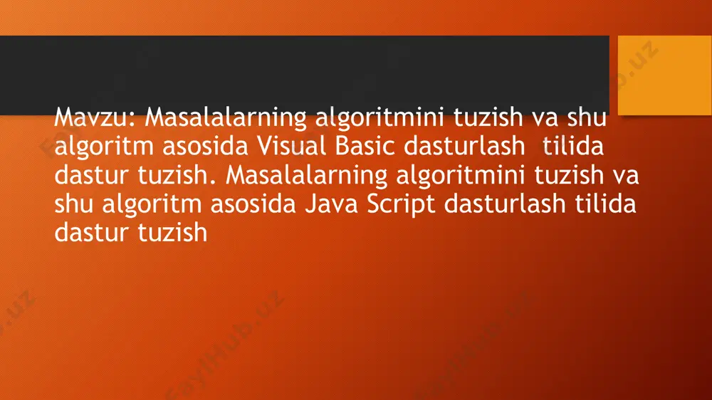 1998 yilda reliz kelishdi. microsoftdan voris visual basic .net 2002 yilda paydo bo`ldi. qulayligi jihatdan bowqa dasturlash tillaridan farq qiladi. tushunishga oson. 2022 yil dekabr oyida eng yaxshi 10 ta reyting quyidagicha ko’rinadi: java va javascript dasturlash tillarining nomi, sintaksisi va standart kutubxonalari oʻxshash boʻlsa-da, ular bir-biridan sezilarli darajada farqlanadi. javascript (talaffuzi: /ˈdʒɑːvəskrɪpt/; qisqartmasi: js /ˈdʒeɪ.ɛs./) yuqori pogʻonali dasturlash tilidir. 1995-yilda amerikalik dasturchi brendan eich tomonidan yaratilgan. javascript tili barcha asosiy brauzerlar tomonidan ishlatiladi. javascript kodlarni ketma-ketlik tartibida o'qiydi va ularni bajaradi. xatolik chiqqan qatorgachon kodlarni bajaradi, xatolik chiqqan joydan boshlab xatolik beradi. javascript kodlarni ketma-ketlik tartibida o'qiydi va ularni bajaradi. xatolik chiqqan qatorgachon kodlarni bajaradi, xatolik chiqqan joydan boshlab xatolik beradi. javascript da java dasturlash tilidan farq qilib, sinf (klass) tushunchasi bu tilning asosiy sintaktik qurilmasi hisoblanmaydi. etiboringiz uchun raxmat. image1.png image2.png image4.png image5.png image6.png image7.png image8.png image9.png image10.png image11.png image3.png /docprops/thumbnail.jpeg