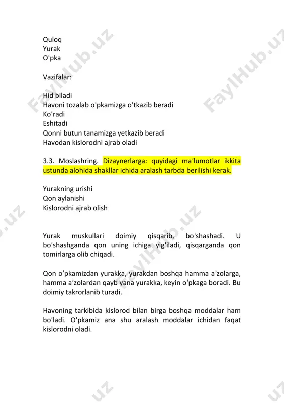 a qanday o‘zgarishlar bo‘lishini yozing. she’rda o‘qigan ifodalaringizdan foydalaning. inson shamollaganda________________________________ _________________________________________________________________________________________________________________________________________________________________________________________________________ _ 6- soat 7- soat 7.1. “yo‘qolgan quloq” she’ridagi voqeani o‘z so‘zlaringiz bilan yozing. she’rning boshi namuna sifatida oddiy gapga aylantirib yozilgan. siz davom ettirishingiz kerak. uyimizda nimagadir bugun quloq yo'qoldi... tushunolmay hayron bo'ldim, oyim shunday deb qoldi. bugun oyim “uyimizda quloq yo‘qoldi”, dedilar. men bu gapga tushunmay hayron bo‘ldim. hech bunaqa gap chiqmagan edi mening oyimdan. ______________________________________________________________________________________________________________________ qulog'imni ushlab ko'rsam xayriyatki, joyida. ______________________________________________________________________________________________________________________ juda qiziq, qulog'ini yo'qotgan kim bo'ldiykin?! ______________________________________________________________________________________________________________________ hammamizning qulog'imiz joyida edi, lekin… ______________________________________________________________________________________________________________________ dadam menga koʻzin qisib miyig'ida kulardi. ______________________________________________________________________________________________________________________ ravshan akam yerga qarab, boshin egib turardi. ______________________________________________________________________________________________________________________ 7.2. siz yuqoridagi mashqni bajarish davomida nimalarni o‘zgartirdingiz? nima uchun shunday qildingiz? image1.jpeg