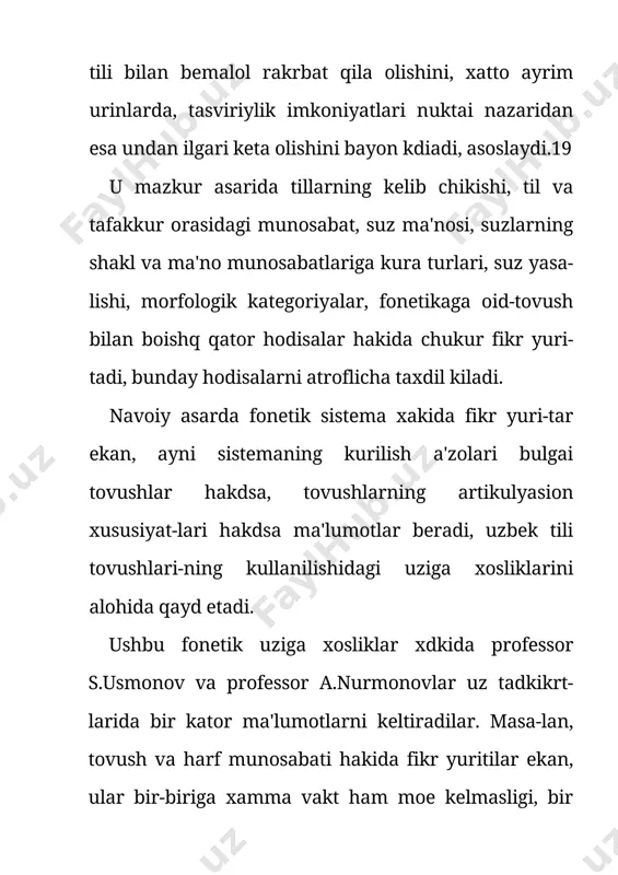 g’r so’zi qadr – qodir so’z bilan qofiyalanishi uchun bag’r sifatida talaffuz etilishi keraq alisher navoiy guvohlik berishicha bag’r so’zi qofiya talabiga ko’ra ikki xil talaffuz qilingan. alisher navoiyning bergan ma’lumotlaridan ham qat’iy xulosa chiqarish mumkin: turkiy so’zlarda cho’ziq qisqalik fonologik vazifa bajarmagan va unlining cho’ziq – qisqaligi vazn va qofiya bilan belgilangan. eski turkiy va eski o’zbek tillarida bunday cho’ziqlik so’zning o’rta va oxirida g, g’, y, h tovushlarining to’shib qolishi natijasida xosil bo’ladi: biz – bigiz; qiz – qigiz; qin – qiyin. alisher navoiy biz – biz va biz – bigiz so’zlarini zid quyar ekan mana shu ketingi cho’ziqlik haqida ma’lumot beradi. xullas, alisher navoiy tovushni, ^ozirgi tilshu-noslik nuktai nazaridan badolashda, fonema sifatida olib, uning eng muxim xususiyati bulgan ma'no farklash krbiliyatiga ega ekanligini bayon kiladi. navoiy islom ta'limotiga asoslangan xrlda inson-ga til-nutq krbiliyati, nutq faoliyati allod tomonidan berilganligini, bu jarayon fakat insongagina tegishli ekanligini aytadi. ayni vaktda …