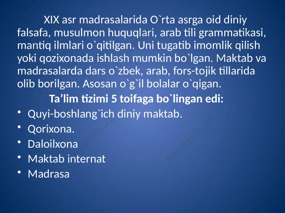 t, san’at, hunar, odob, aql, texnika taraqqiyoti hammasi ilmdandir deb biladi. jahon bastu kushodu ilm birla, nadur dilning murodi ilm birla. kungillarning sururi ilmdandir, ` ko`rar ko`zlarning nuri ilmdandir. ilm-fanni bir mash’alga o`xshatib, mash’al, qorong`ulni qanday yoritib tursa, ilm-fan ham insoniyatning baxt-saodati va istiqbolini shunday yoritib turishligini ta’kidlaydi. ahmad donish (1827-1897) o`zbek va tojik xalqining mashhur mutafakkiri, olimi va faylasufidir. uning asarlaridan «navodir-ul vaqoye» (nodir voqealar), «buxoro amirlarining tarjimai hollari», «yulduzlar tasviri», «globusdan foydalanish yo`llari» va boshqalar. abduqodir shakuriy (1875-1943) ham shunday ma’rifatparvarlar-dan biri edi. u samarqandning rajabamin qishlog`ida bog`bon oilasida tug`iladi. eski maktab so`ngra samarqandda madrasada o`qiydi. u «tarjimon» gazetasidan ko`p narsalarni o`rganadi. 1901 yilda o`z qishlog`ida yangi usuldagi maktab tashkil qiladi. doska va partalar yasattiradi. tatar tilidagi darsliklardan foydalaniladi. chor hukumati bunday maktablar ochilishiga qarshi edi, ularni qattiq nazorat qilardi. bu maktab bolalarni 6 oyda savodli qilib chiqarardi. bunga eski maktab domlalari, mulla, eshonlar ham qarshilik qiladilar. shakuriy …