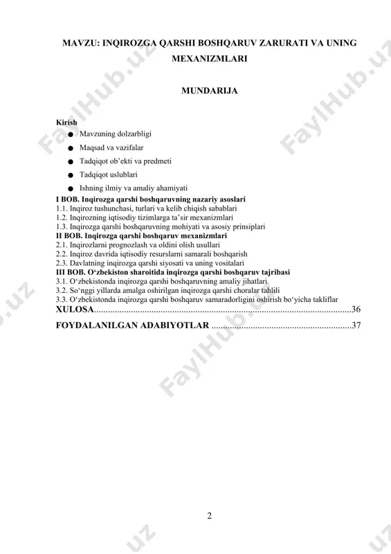 oti sharoitida har bir mamlakat, korxona yoki tarmoq faoliyati ichki va tashqi omillarning ta’sirida turli iqtisodiy tebranishlar va inqirozlar bilan to‘qnash kelishi tabiiy holatdir. jahon iqtisodiy tajribasi shuni ko‘rsatadiki, moliyaviy-iqtisodiy inqirozlar faqatgina rivojlanmagan davlatlarda emas, balki yuqori darajada rivojlangan mamlakatlarda ham sodir bo‘lishi mumkin. bunday vaziyatlarda samarali inqirozga qarshi boshqaruv tizimini shakllantirish va amalda qo‘llash iqtisodiy barqarorlikni ta’minlashning eng muhim omillaridan biri hisoblanadi. o‘zbekiston mustaqillik yillarida iqtisodiyotni modernizatsiya qilish, diversifikatsiya qilish va barqaror rivojlantirish yo‘lida katta yutuqlarga erishdi. shu bilan birga, global moliyaviy bozorlarning beqarorligi, xomashyo narxlaridagi o‘zgarishlar, iqlim muammolari va geosiyosiy tahdidlar mamlakatimiz iqtisodiy tizimiga ham bevosita yoki bilvosita ta’sir ko‘rsatmoqda. shu sababli inqirozga qarshi boshqaruvning ilmiy asoslangan mexanizmlarini ishlab chiqish, iqtisodiy xavf-xatarlarni oldindan aniqlash, resurslardan oqilona foydalanish va tezkor choralar ko‘rish masalalari dolzarb ahamiyat kasb etadi. bugungi kunda inqirozga qarshi boshqaruv faqatgina iqtisodiyotni tiklash vositasi emas, balki uning barqaror rivojlanishini ta’minlaydigan strategik boshqaruv instrumenti sifatida qaralmoqda. bu esa …