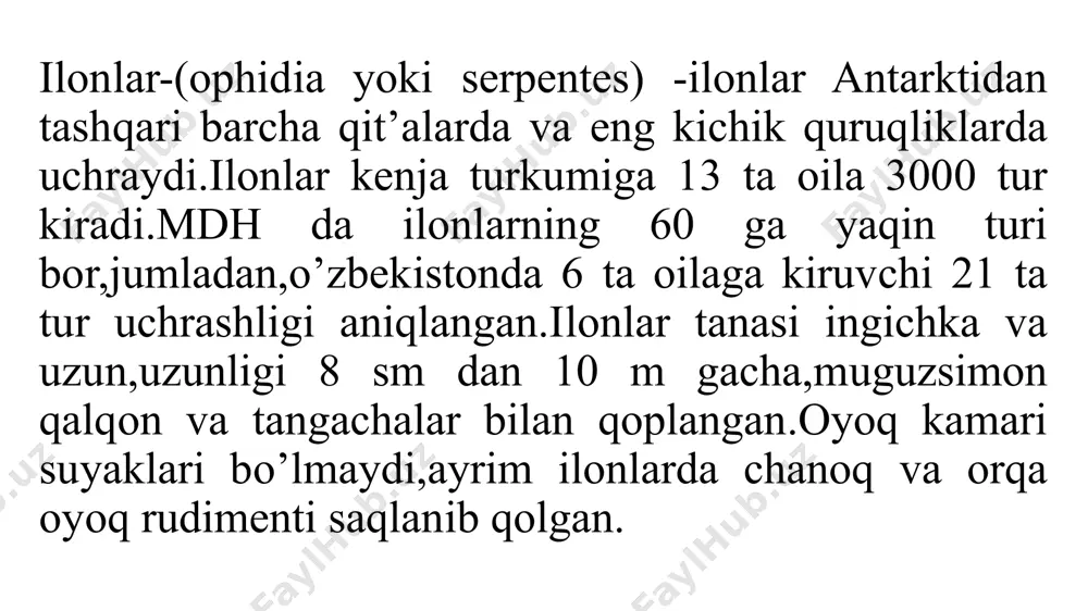 ’rta osiyoning janubiy hududlarida,ya’ni turkmaniston va o’zbekistonda jumladan bobotog hisor,zarafshon tizma tog’larining tog’oldi hududlarida,qarshi dashtida yirik kulranng o’rta osiyo kapcha iloni(naja oxiana)uchraydi.uning uzunligi 1,8-2,2 m gacha boradi. markaziy osiyo kobrasi ratsionining 40% ga yaqinini amfibiyalar tashkil qiladi, ayniqsa yashil qurbaqalar ko'p iste'mol qilinadi. dengiz ilonlari(hydrophidae)oilasi vakillari asosan tinch va hind okeanlarining tropik va subtropik dengizlarida yashaydi,40 dan ortiq turlari bor.bu ilonlar boshining kichikligi,gavdasining yon tomondan siqilganligi va dumining yapaloqligi bilan boshqa ilonlardan farq qiladi.burun teshiklari baland joylashgan.bosh tomonida maxsus tuz chiqarish bezlari bor.dengiz ilonlarining zahari boshqa zaharli ilonlarnikidan bir necha marta kuchli(12 marta)bo’ladi.ko’pchiligi tirik tug’adi.dengiz ilonlari umuman quruqlikka chiqmaydi.tipik vakiliga kurakdum pelamida (pelamida platurus)ni misol qilib keltirish mumkin. uzunligi 1 m dan oshmaydi. yer yuzida har yili 12 mln ga yaqin ilonlar ovlanadi.ular asosan zahari,terisi,yog’i,go’shti uchun ovlanadi.har yili dunyo miqyosida 15 mingga yaqin odamni zaharli ilonlar chaqib o’ldirishi mumkin.aqsh da bir yilda 2400 ta odamni zaharli ilonlar chaqishi aniqlangan,shulardan 1% …