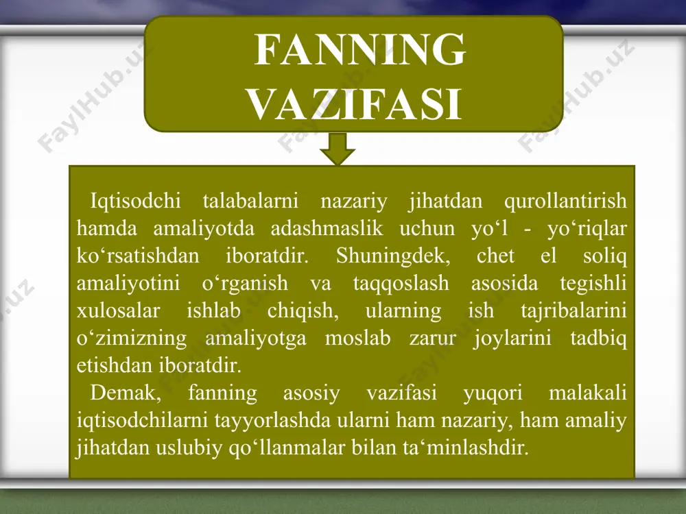 quyidagi soliq elementlari bo‘lishi kerak 1. soliq obyekti 2. soliq bazasi 3.soliq stavkasi 4.soliq davri 5.soliqni hisoblash chiqarish tartibi 6. soliqni to‘lash tartibi 7.hisobot davri 8.soliq hisoboti umumdavlat va mahalliy soliqlar hamda boshqa majburiy to‘lovlar. iqtisodiy adabiyotlarda yuridik va jismoniy shaxslardan olinadigan soliqlar va boshqa majburiy to‘lovlarning yig‘indisi soliqlar tizimi deb tushuniladi. soliq kodeksining 23-moddasiga ko‘ra o‘zbekiston respublikasi xududida soliqlar va boshqa majburiy to‘lovlar amal qiladi hamda ular o‘zbekiston respublikasi oliy majlisi tomonidan joriy etiladi va bekor qilinadi. o‘zbekiston respublikasi hududida umumdavlat soliqlari va boshqa majburiy to‘lovlar hamda mahalliy soliqlar va boshqa majburiy to‘lovlar amal qiladi. soliq turlari soliq kodeksining 17-moddasiga ko‘ra 1)qo‘shilgan qiymat solig‘i; 2) aksiz solig‘i; 3) foyda solig‘i; 4) jismoniy shaxslardan olinadigan daromad solig‘i; 5) yer qa’ridan foydalanganlik uchun soliq; 6) suv resurslaridan foydalanganlik uchun soliq; 7) mol-mulk solig‘i; 8) yer solig‘i; 9) ijtimoiy soliq. umumdavlat soliqlari 1) qo‘shilgan qiymat solig‘i 2) aksiz solig‘i 3) foyda solig‘i …