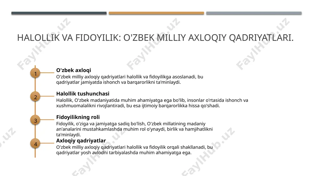 yilik orqali shakllanadi. bu qadriyatlar, insonlar o'rtasida ishonch va hurmatni mustahkamlaydi, axloqiy barqarorlikni ta'minlaydi. 3 ijtimoiy barqarorlik halollik va fidoyilik ijtimoiy barqarorlikni ta'minlaydi. ular fuqarolar o'rtasida adolat va tenglikni rivojlantirib, ijtimoiy muhitni yaxshilaydi. axloqiy tizimda halollik: asosiy tushunchalar va ahamiyati. halollik tushunchasi halollik, shaxsiy va ijtimoiy axloqiy qadriyatlarni ifodalaydi. u insonning ma'naviy va axloqiy rivojlanishida muhim rol o'ynaydi. halollik va adolat halollik, ijtimoiy adolatning asosini tashkil etadi. u ishonchni mustahkamlab, jamiyatda barqarorlikni ta'minlaydi, bu esa axloqiy muhitni yaxshilaydi. halollik va mas'uliyat halollik, shaxsiy mas'uliyatni oshiradi. insonlar halol bo'lganda, ularning axloqiy qarorlari yanada puxta va adolatli bo'ladi, bu esa jamiyat rivojiga olib keladi. halollik va fidoyilik: axloqiy qadriyatlarning poydevori. halollikning ahamiyati halollik, shaxsiy va ijtimoiy axloqiy qadriyatlar poydevori sifatida, insonlar o'rtasidagi ishonchni mustahkamlashda muhim rol o'ynaydi. fidoyilikning mohiyati fidoyilik, shaxs va jamiyat o'rtasidagi sodiqlikni ifodalaydi. bu insonlarning bir-biriga bo'lgan hurmatini oshiradi va barqarorlikni ta'minlaydi. axloqiy qadriyatlar halollik va fidoyilik axloqiy qadriyatlar …