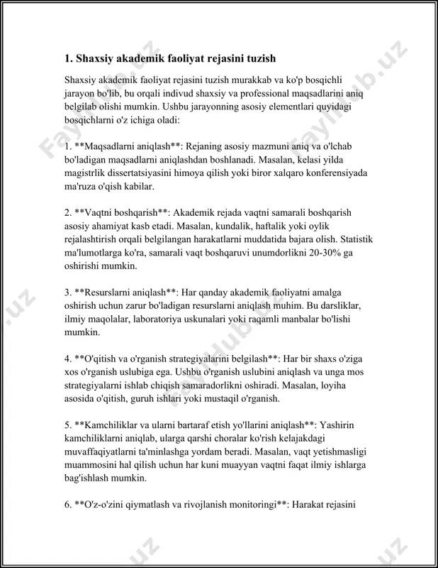 qqati bir joyga jamlashga yordam beradi. 7. **delegetsiya**: o'z zimmasidan ortiqcha ishlarni olib tashlash uchun bajarilishi shart bo'lmagan ishlarni boshqalarga topshirish. bu nafaqat vaqtni teja, balki jamoa a'zolari ko'nikmalarini rivojlantirishga ham yordam beradi. 8. **hayotiy balansi saqlash**: samarali vaqtni boshqarishning yana bir usuli dam olish va ish o'rtasidagi muvozanatni saqlashdir. ko'p ishlash charchoq va samaradorlikning pasayishiga olib kelishi mumkin. 9. **texnologiyaning yordami**: bugungi kunda ko'plab dasturlar va ilovalar vaqtni boshqarishga ko'maklashadi, shu jumladan "trello", "asana", "google calendar" va boshqalar. ushbu vositalar yordamida vazifalarni tartibga solish va ularni kuzatib borish osonlashadi. 10. **refleksiya va tahlil**: har haftaning oxirida erishilgan natijalarni tahlil qilish va kelasi hafta uchun rejalarni tuzish samaradorlikni oshirishda muhimdir. vaqtni samarali boshqarish quyida sanab o'tilgan usullar orqali rivojlantirilishi mumkin. har bir usulning o'ziga xos afzalliklari va qo'llanilish joylari bor. ularning qaysi biri eng yaxshisi ekanligini aniqlash uchun har bir usulni sinab ko'rish va o'zingiz uchun mos keladigan usulni tanlash …