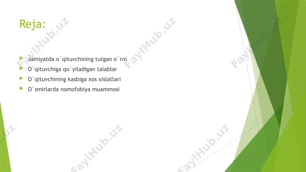 mantiq, nutq, ta’limning ifodali vositalari) va pedagogik taktga ega bo’lish 7. o`z bilimi va pedagogik mahoratini doimiy ravishda oshirib borishi o’qituvchi jamiyat tomonidan qo’yilgan talablar bilan bir qatorda o’z faoliyatida tevarak – atrofidagi kishilar, maktab ma’muriyati,,, hamkasblari, o’quvchilar va ularning ota –onalari undan nimalarni kutishini ham esdan chiqarmasligi lozim. o’qituvchining eng muhim xislatlari quyidagilardan iborat: o’qituvchining o’z vataniga sodiqligi, bolalarni sevish, ularni nsonparvarlik ruhida tarbiyalash, , o’z xalqining tarixi va madaniyatini biishishi; olijanobligi, aqli, farosati, ma’naviy pokligi, ma’naviyat va ma’rifat bo’yicha yuksak maqsadlarni bolalarga singdirib borishi ijtimoiy javobgarlikni yuksak darajada his etishi; o’zini qo’lga ola bilishi, sabr –toqatli, bardam matonatliligi. o’qituvchining o’z ishidan nimanidir kutayotganligining o’ziyoq muhim ahamiyatga egadir, mana shu tariqa kutishlar, garchand jamiyat tomonidan o’qituvchiga qo’yiladigan talablarga kelsada, o’ziga xos xususiyatlarga ega bo’ladi. lekin bu talablar hamma vaqt tarbiya ham bir – biriga mos kelmasligi mumkin. o’qituvchining kasbiga xos xislatlari ota - onalar o’qituvchidan uning ish staji va …