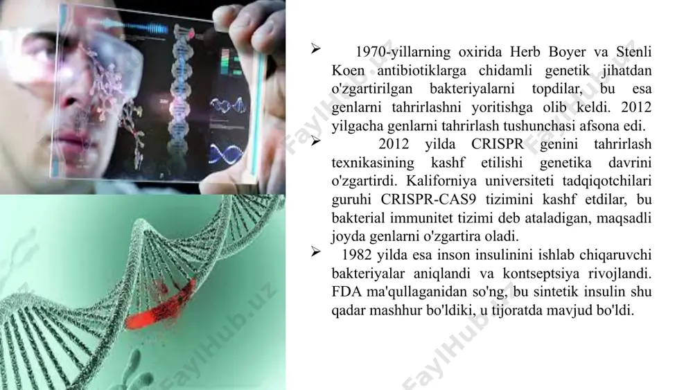 ni, shu jumladan ketma-ketlikni kiritish, o'chirish, tuzatish va almashtirishni ta'minlaydi. tale oqsillari dnkga bog’lanishi, domen va yadroda joylashish signali hamda maqsaddagi genning transkriptsiyasini faollashtirish uchun javobgar markaziy domendan tashkil topgan. birinchi marta ushbu oqsillarning dnkga bog’lana olish qobiliyatlari 2007 yilda tavsiflangan edi, bir yil o’tib esa ikki guruh olimlar tomonidan tale oqsillarining nishonlangan dnk izchilliklarini tanib olish kodlari aniqlandi. zfns nima? sink-barmoq nukleazalari (zfn) sink barmoq dnk-bog'lash domenini dnk-parchalanish domenini birlashtirish orqali yaratilgan sintetik cheklash fermentlari. muayyan dnk ketma-ketligini nishonga olish uchun sink barmoq domenlarini yaratish qobiliyati sink-barmoq nukleazalariga murakkab genomlar ichidagi noyob ketma-ketliklarni nishonga olishga imkon beradi. ushbu reagentlar endogen dnk ta'mirlash mexanizmlaridan foydalangan holda yuqori turlarning genomlarini aniq o'zgartirish uchun ishlatilishi mumkin. crispr/cas9 va talen-dan tashqari, zfn genomni tahrirlash uchun muhim texnologiya hisoblanadi. sink barmoq nukleazalari arabidopsis, tamaki, soya, makkajo'xori, drosophila melanogaster va candida albicans kabi ko'plab o'simliklar va hayvonlarning genomlarini boshqarish uchun foydalidir. elegans, platynereis dumerilii, dengiz …