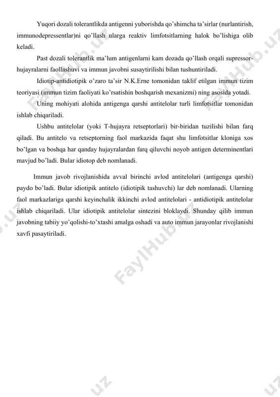 idiotipik antitelolar ishlab chiqariladi. ular idiotipik antitelolar sintezini bloklaydi. shunday qilib immun javobning tabiiy yo’qolishi-to’xtashi amalga oshadi va auto immun jarayonlar rivojlanishi xavfi pasaytiriladi. asosiy adabiyotlar 1. вербицкий а.а., алешкевич в.н и др. микробиология и иммунология. учебное пособие минск-2019. 2. salimov x. va boshqalar. epizootologiya. darslik. toshkent, 2016 yil. xorijiy adabiyotlar 1. fenner’s. veterinary virology (united states of america 2016 year). 2. m.jackson veterinary clinical pathology. america 2010 year. qo’shimcha adabiyotlar 1. mirziyoyev sh.m. erkin va farovon demokratik o’zbekiston davlatini birgalikda barpo etamiz. toshkent, “o’zbekiston” nmiu, 2017. – 29 b. 2. mirziyoyev sh.m. qonun ustuvorligi va inson manfaatlarini ta’minlash yurt taraqqiyoti va xalq farovonligining garovi.“o’zbekiston” nmiu, 2017.– 47 b. 3. bazarov x.k., abdulakimova a.b. veterinariya virusologiyasidan o’quv qo’llanma. samarqand 2016 y. 4. самуйленко а.я., “инфекционная патология животных” том 1 москва 2009. 5. петров р.в. иммунология. учебник. москва 1983 й internet saytlari: 1. www.ziyo.net.uz. 2. www.vetjurnal.uz 3. www.sea@mail.net21 4. www.veterinariy.actavis 5. …