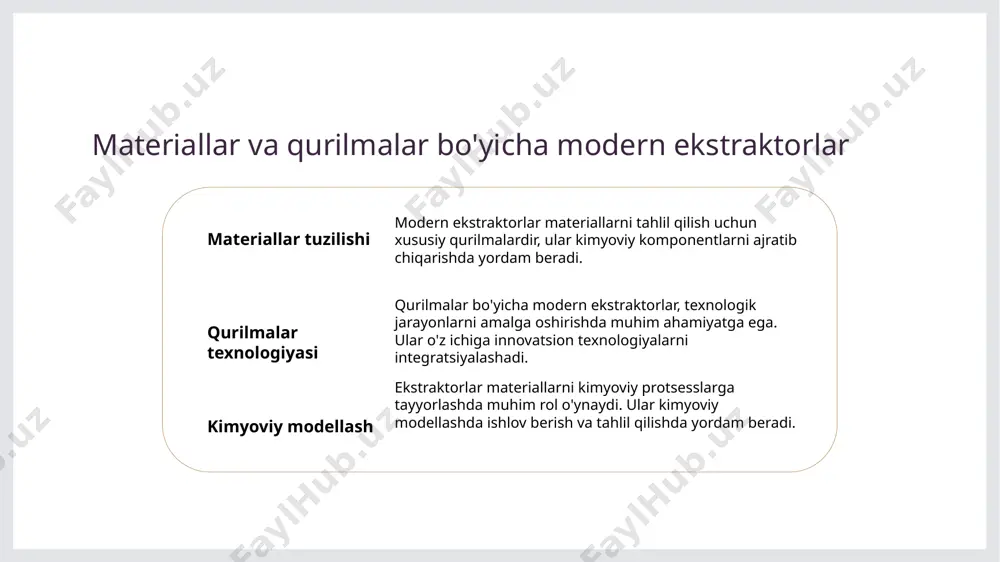 aktorlar kimyo sanoatida yangi mahsulotlarni yaratish va o'zlashtirish jarayonlarida rivojlanishga olib keladi, bu esa sanoat sohasidagi innovatsiyalar bilan bog'liq. ekstraktorlar va farmakologiya sohasidagi yangiliklar ekstraktorlar farmakologiya sohasida katta ahamiyatga ega bo'lib, dori daromadlarni ajratishda muhim vositalardir. yangiliklar esa texnologiyani rivojlantirib, sanoatni yanada sifatliroq qilishga yordam beradi. photo by bermix studio on unsplash ekstraktorlar va kimyo sanoati: so'nggi rivojlanishlar 01 kimyo sanoatidagi yangi texnologiyalar kimyo sanoatida nano-ekstraktorlar va mikrofluidika texnologiyalari so'nggi rivojlanishlardir, ular ekstraksiya jarayonlarini optimallashtirishga yordam beradi. 02 materiallar va qurilmalar bo'yicha innovatsiyalar nanomateriallar va 3d-printing usullari ekstraktorlar qurilishida yangiliklar kiritish bilan kimyo sanoatida rivojlanishlar yaratishga yo'l qo'yadi. 03 ekstraktorlar va kimyo sanoatidagi boshqa innovatsiyalar kimyo sanoatidagi so'nggi rivojlanishlar ekstraktorlar uchun avtomatlashtirilgan jarayonlar va kompyuterli dasturlashni o'z ichiga oladi, bu esa texnikani o'rganish va optimallashtirish jarayonlarini tezlashtiradi. xulosa 01 asosiy xulosa prezentatsiya davomida modern ekstraktorlar va ularning industriya sohasidagi ahamiyatini o'rganib chiqdik. innovatsiyalar va ularning kimyo sanoat, farmatsevtika va oziq-ovqat …