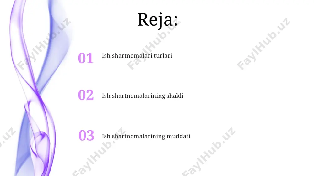 gi shartnoma tuzish talab etiladi. muddatli shartnoma tugashidan 3 oy oldin tomonlar shartnomani uzaytirish yoki bekor qilish to'g'risida o'zaro kelishib olishlari mumkin. mehnat kodeksiga asosan, ish shartnomasini uzaytirish to'g'risida xodimlarga kamida 15 kun oldin xabar berilishi shart. ish shartnomasi va mehnat huquqi o'zbekiston respublikasi mehnat kodeksining 7-bobida ish shartnomalarining turli shakllari, jumladan, muddatli va muddatsiz shartnomalar, 15 kundan kam bo'lmagan muddatli shartnomalar haqida batafsil bayon qilingan. mehnat nizolari bo'yicha sudga murojaat qilish muddati, mehnat huquqiy munosabatlariga bog'liq holda, 1 oy yoki 3 oygacha bo'lishi mumkin, bu esa ish shartnomasining turiga bog'liq. ish shartnomalarining 3 yildan ortiq muddatga tuzilishi, mehnat huquqiga ko'ra, xodimlarga qo'shimcha ijtimoiy kafolatlarni ta'minlashni nazarda tutishi mumkin. muddatli ish shartnomalari muddatli ish shartnomalari, odatda, 1 yildan 5 yilgacha bo'lgan muddatlarga tuziladi, ammo shartnoma shartlariga ko'ra qisqaroq yoki uzaytirilishi mumkin. bunday shartnomalar, ish beruvchining xodimlarga nisbatan aniq va cheklangan vazifalarni yuklashini talab qiladi va loyiha tugagandan keyin o'z-o'zidan tugaydi. …