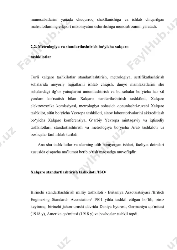 texnikaviy qo‘mitalarning ishlari haqida axborotlar almashinuvini tashkil qilish; sohaviy masalalar bo‘yicha manfaatdor bo‘lgan boshqa xalqaro tashkilotlar bilan hamkorlik qilish ko‘zda tutiladi. iso rahbar va ishchi qo‘mita idoralaridan tashkil topgan. rahbar idoralari tarkibiga kengashning yuqori idorasi - bosh assambleya, kengash, ijroiya byurosi, texnikaviy byuro, kengashning texnikaviy qo‘mitalari va markaziy sekretariati kiradi. iso da prezident, vitse-prezident, g‘aznachi va bosh sekretar lavozimlari mavjud. bosh assambleya – iso ning oliy rahbari bo‘lib, iso ning yig‘ilishi uch yilda bir marta bo‘ladi. uning sessiyasida prezident uch yil muddat bilan saylanadi. bosh assambleya o‘tkazish vaqtida sanoat sohasida yetakchi mutaxassislar ishtirokida xalqaro standartlashtirishning muhim muammolari va yo‘nalishlari muhokama qilinadi. iso kengashi yiliga bir marta o‘tkazilib, unda tashkilotning faoliyati, xususan, texnikaviy idoralarning tuzilishi, xalqaro standartlarning chop etilishi, kengash idoralarining a’zolarini hamda texnikaviy qo‘mitalarning raislarini tayinlaydi va boshqa masalalar ko‘riladi. sobiq ittifoq parchalangunga qadar xalqaro standartlash-tirish tashkilotining tarkibi 91 mamlakatning vakillaridan iborat edi. respublikamizning dastlabki mustaqillik yillaridagi (1992 yil) muhim …
