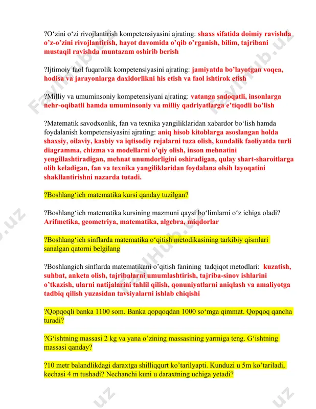 ib berish ?ijtimoiy faol fuqarolik kompetensiyasini ajrating: jamiyatda bo’layotgan voqea, hodisa va jarayonlarga daxldorlikni his etish va faol ishtirok etish ?milliy va umuminsoniy kompetensiyani ajrating: vatanga sadoqatli, insonlarga nehr-oqibatli hamda umuminsoniy va milliy qadriyatlarga e’tiqodli bo’lish ?matematik savodxonlik, fan va texnika yangiliklaridan xabardor bo‘lish hamda foydalanish kompetensiyasini ajrating: aniq hisob kitoblarga asoslangan holda shaxsiy, oilaviy, kasbiy va iqtisodiy rejalarni tuza olish, kundalik faoliyatda turli diagramma, chizma va modellarni o’qiy olish, inson mehnatini yengillashtiradigan, mehnat unumdorligini oshiradigan, qulay shart-sharoitlarga olib keladigan, fan va texnika yangiliklaridan foydalana olsih layoqatini shakllantirishni nazarda tutadi. ?boshlangʻich matematika kursi qanday tuzilgan? ?boshlangʻich matematika kursining mazmuni qaysi boʻlimlarni oʻz ichiga oladi? arifmetika, geometriya, matematika, algebra, miqdorlar ?boshlangʻich sinflarda matematika oʻqitish metodikasining tarkibiy qismlari sanalgan qatorni belgilang ?boshlangich sinflarda matematikani o’qitish fanining tadqiqot metodlari: kuzatish, suhbat, anketa olish, tajribalarni umumlashtirish, tajriba-sinov ishlarini o’tkazish, ularni natijalarini tahlil qilish, qonuniyatlarni aniqlash va amaliyotga tadbiq qilish yuzasidan tavsiyalarni ishlab chiqishi ?qopqoqli …