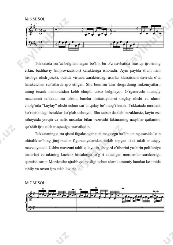 sezdirmasdan o‘tish lozim, biroq ayni paytda ijrochi rivojlanishning yangi bosqichi, yangi fazasini ko‘rsatib berishi ham muhim. jiga uslubida yaratilgan tokkataning yakunlovchi bo‘limi odatda qadimgi klassik syuitaning bezagi bo‘lib, u avvalgi rivojlanishning mantiqiy yakuni sifatida final hissi bilan ijro etilishi lozim. pyesaning oxirgi beshta taktida d.bukstexude harakatni “o‘n oltitaliklar” bilan yangilaydi, bu esa olamni optimistik ruhda idrok etib, hayot boqiy harakatining yorug‘, pozitiv obrazini ta’kidlagan holda, asarga uslub birligi va yaxlitligini baxsh etadi. tokkata ijrochining ham texnik, ham intellektual rivojlanishiga ta’sir ko‘rsatib, uning tafakkurini faollashtiradi, badiiy didi va qadimgi klassik uslub tushunchasini charxlaydi. tokkataning yakunlovchi bo‘limi figuratsiyalar almashinuvi munosabati bilan alohida e’tibor talab etadi. bu, “o‘n oltitaliklar”ning muttasil oqimidan so‘ng to‘xtatib bo‘lmaydigandek tuyulgan harakatni vazminlashtirish usuli deyiladi. triolli bo‘limdan so‘ng, pyesaning oxirgi beshta taktidagi “o‘n oltitaliklar” avvalgi rivojning umumlashmasi sifatida yiriklashtirilib, birmuncha og‘ir va ahamiyatli yangrashi kerak. umuman olganda tokkataning fakturasiga uning ijro amaliyoti asoslari singdirilgan. d.bukstexudening sol-major tokkatasi avvalgisidan farqli …