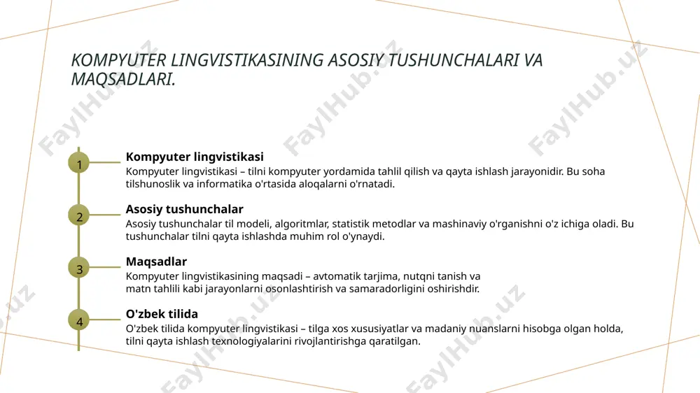 sh: asosiy tushunchalar va tamoyillar. 1 tilni qayta ishlash tilni qayta ishlash, kompyuter lingvistikasida til materialini avtomatik ravishda tahlil qilish va tushunish jarayonidir. bu jarayon, inson tilini raqamli shaklda ishlov berish uchun asosiy hisoblanadi. 2 asosiy tushunchalar tilni qayta ishlashda asosiy tushunchalar sifatida tokenizatsiya, morfologik tahlil va sintaktik tahlil muhim ahamiyatga ega. bu jarayonlar matnni yaxshiroq tushunish imkonini beradi. 3 tamoyillar va usullar tilni qayta ishlashda statistik va mashinaviy usullar, shu jumladan, chuqur o'qitish texnikalari qo'llaniladi. bu usullar tilni avtomatik ravishda tahlil qilish va xulosa chiqarishga yordam beradi. tilni qayta ishlashda sun'iy intellektning roli. sun'iy intellekt asoslari mashinaviy o'qitish katta ma'lumotlar sun'iy intellekt (ai) tilni qayta ishlashda (nlp) avtonom qarorlar qabul qilish va ishlov berishni tezlashtiradi, natijada yuqori sifatli natijalar taqdim etiladi. mashinaviy o'qitish metodlari yordamida til ma'lumotlaridan o'qitish jarayoni optimallashtiriladi. bu, o'zbek tilidagi nutq tanish va tarjima jarayonini yaxshilaydi. katta ma'lumotlar ai uchun muhim manba hisoblanadi. o'zbek tilidagi katta …