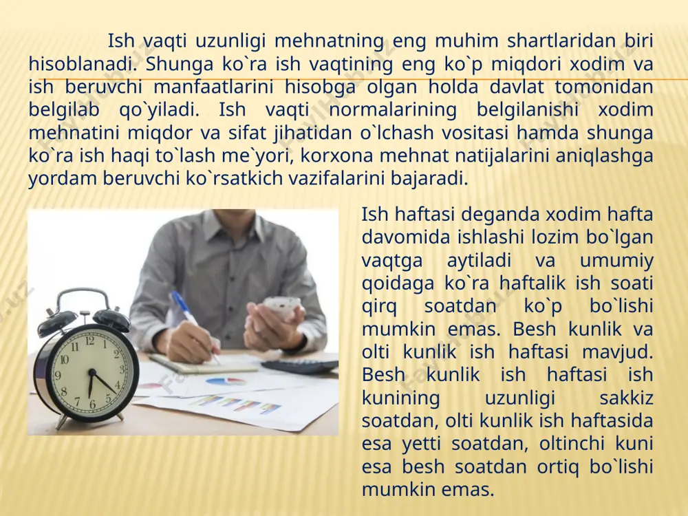 da xodimlar dam olish huquqlariga katta ahamiyat beriladi, dam olish vaqtini berish, undan samarali foydalanishga ko`maklashish majburiyatini ish beruvchi zimmasiga yuklaydi. dam olish vaqti, uning turlari va ahamiyati dam olish huquqi fuqarolarning eng muhim iqtisodiy-ijtimoiy huquqlaridan bo`lib, unga doir qoidalar xalqaro-huquqiy hujjatlar bilan belgilab qo`yilgan. jumladan, xalqaro mehnat tashkilotining 47-sonli «ish haftasini 40 soatgacha qisqartirish to`g`risida»gi, 52-sonli «yillik haq to`lanadigan ta`tillar to`g`risida»gi konvensiyalarida, eng umumiy va prinsipial qoidalar esa bmtning 1966 yil 19 dekabrdagi «iqtisodiy, ijtimoiy va madaniy huquqlar to`g`risida»gi xalqaro paktida nazarda tutilgan. dam olish vaqtining quyidagi turlari mavjud: a) ish kuni (smena) davomidagi tanaffuslar; b) kundalik dam olish vaqti; v) dam olish kunlari; g) bayram kunlar; d) yillik mehnat ta`tillari. mkning 126-moddasiga ko`ra dam olish vaqti deganda xodim mehnat vazifalarini bajarishdan holi bo`lgan va bundan u o`z ixtiyoriga ko`ra foydalanishi mumkin bo`lgan vaqt tushuniladi. xodimning dam olishga oid subyektiv huquqi ish beruvchining qonunda belgilangan vaqtda xodimni ishdan ozod …