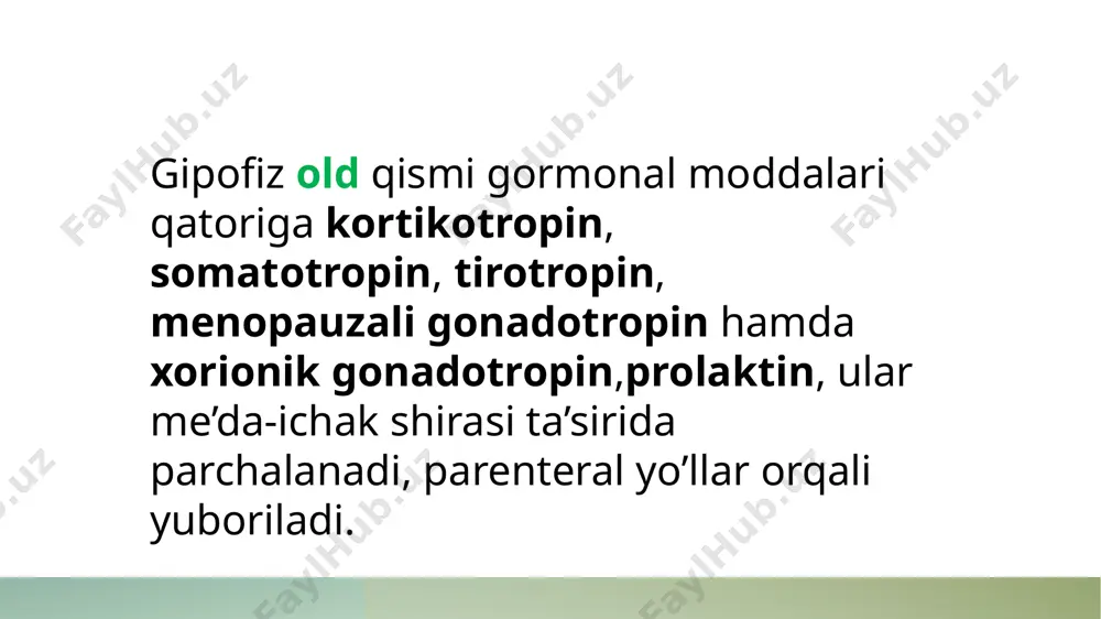 rikmalari, qon va siydikda keton moddalari — atseton, atsetosirka, oksimoy kislotalar kamayib boradi, bemor ozadi, organizmda yog’larning parchalanishi, oqsillarning glyukozaga aylanishi kamayadi. insulin qoramol, cho’chqalaming ---oshqozon osti bezidan biologik yo’l bilan olinadi. - polipeptid oqsillardan tuzilgan bo’lgani uchun insulin organizmga faqat parenteral yo’l bilan — teri ostiga, mushaklar orasiga, venaga yuboriladi. mushaklar orasiga yuborilganda insulinning gipoglikemik ta’siri 20-30 minutdan keyin boshlanib, 4- 6 soat davom etadi. in’eksiyalar sonini kamaytirish uchun moddaning ta’sir muddati uzaytirilgan turlari ishlab chiqilga.ular tarkibiga oqsilprotamin, rux, buferlar kiritilgan, bular insulin ta ’sirining boshlanishiga (kechroq boshlanadi), cho’qqiga chiqish vaqti va muddati (uzaytiriladi) ta ’sir ko’rsatadi. davomli ta’sir etuvchi insulinlami yuborish o’rtasida ko’proq vaqt o’tadi, bulaming ph yuqori bo’lgani uchun yuborilgan joyi kamroq og’riydi, lekin ko’pchilik bemorlar oddiy insulinni qo’llashni afzal ko’radilar. - insulin moddalari qon, siydikdagi qand miqdoriga, bemorning umumiy ahvoliga, moddaning xususiyatiga qarab tanlanadi. -insulin bilan davolangan bemor albatta o’z vaqtida ovqatlanishi lozim, aks holda, qand …