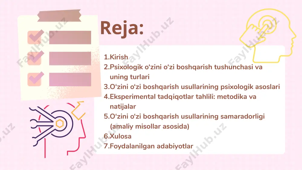 ortiqcha stressdan qochish. reja asosida harakat qilish, ustuvorlikni belgilash va vaqtni to‘g‘ri taqsimlash ham ruhiy holatni nazorat qiladi. 3. eksperimental tadqiqotlar tahlili: metodika va natijalar so‘nggi yillarda o‘zini o‘zi boshqarish usullarining samaradorligini o‘rganishga qaratilgan bir qancha eksperimental tadqiqotlar o‘tkazildi. ularning asosiy maqsadi — turli usullarning stress, xavotir, depressiya, diqqat tarqoqligi kabi holatlarga ta’sirini aniqlashdir. 3. eksperimental tadqiqotlar tahlili: metodika va natijalar toshkent davlat pedagogika universiteti psixologiya kafedrasi tadqiqotchilari tomonidan 2023-yilda olib borilgan tadqiqotda 60 nafar talaba ishtirok etgan. ishtirokchilar ikki guruhga bo‘lingan: eksperimental guruh: o‘zini o‘zi boshqarish bo‘yicha 4 haftalik mashg‘ulotlarda qatnashgan (nafas olish, relaksatsiya, avtosug‘estsiya, vizualizatsiya usullari). nazorat guruhi: hech qanday maxsus mashg‘ulotda qatnashmagan. natijada, eksperimental guruh a’zolarining stress darajasi o‘rtacha 30% ga kamaygan, diqqat va hissiy barqarorlik esa 25% ga oshgani aniqlangan. bu esa o‘zini o‘zi boshqarish usullarining amalda foydali ekanligini isbotlaydi. bundan tashqari, xorijiy tadqiqotlar ham bu borada muhim xulosalarni beradi. masalan, aqshda o‘tkazilgan bir eksperimentda talabalarga …