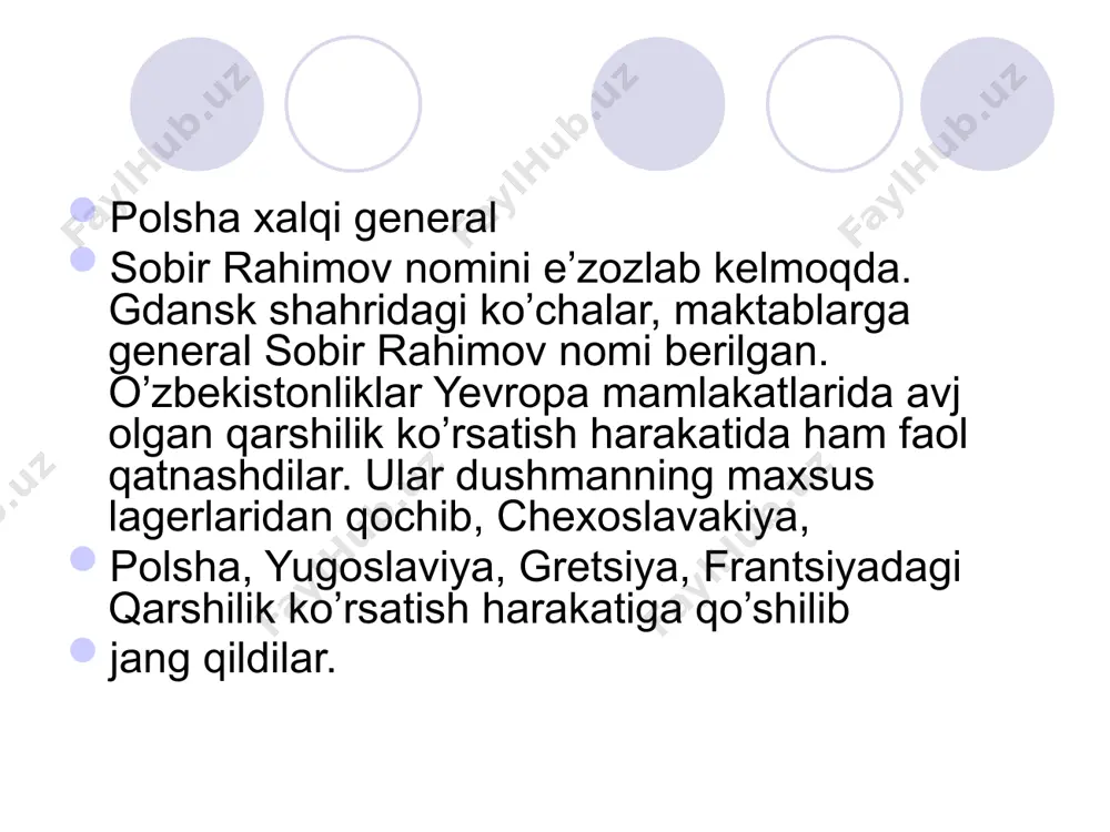 o’plab xalqlarni zo’ravonlikdan, zulmdan ozod etdi, erkin, demokratik rivojlanish uchun, iqtisodiy va ma’naviy taraqqiyot uchun yo’l ochib berdi. ikkinchi jahon urushi butun insoniyotga katta tarixiy saboq bo’ldi. biroq omon qolgan asirlarning taqdiri ham og’ir kechadi. ular o’z vataniga qaytib kelgach, gumon ostida bo’ldilar, ishga jyolashishda, uy-joyli bo’lishda qiynaldilar. o’zbekistonlik harbiy asirlardan 15 mingdan ortiqrog’i yana lagerlarga, endi sovet hukumatining lagerlariga tashlandi va ularga shafqatsizlarcha munosabatda bo’lindi. bunday hollar stalin va uning atrofidagilar yaratgan ishonmaslik va gumonsirash vaziyatining oqibati edi. image1.jpeg image2.jpeg image3.jpeg image4.jpeg