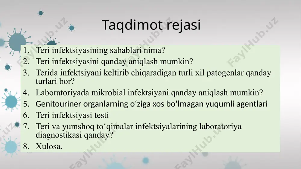 ydi, uni hujayra chiqindilaridan tozalaydi. buyraklarda ortiqcha suyuqlik qondan ajratiladi va endi kerak bo‘lmagan moddalar chiqariladi, keyin ular siydik bilan tanadan chiqariladi. agar buyraklar faoliyati susaysa, bu jarayon buziladi, bu esa inson salomatligi va hayoti uchun xavfli oqibatlarga olib kelishi mumkin. piyelonefrit o‘tkir yoki surunkali bo‘lishi mumkin: o'tkir pielonefrit ko‘pincha siydik tizimining boshqa organlari - siydik yo‘llari, siydik pufagi, siydik yo‘llari infektsiyalarining asoratlari sifatida rivojlanadi. surunkali pielonefrit - bu buyraklardagi uzoq muddatli yallig‘lanish jarayoni bo‘lib, u etarli darajada davolash bo‘lmasa, rivojlanadi. piyelonefritning surunkali shakli asta-sekin to‘qimalarni yo‘q qilishga va buyraklar faoliyatini yo‘qotishiga olib keladi. teri infektsiyasining sabablari teri infektsiyalari bakteriyalar teriga, ba'zan esa terining ostidagi chuqur to‘qimalarga zarar etkazganda paydo bo‘ladi . selo‘lit teri infektsiyasining keng tarqalgan turi bo‘lib, terining infektsiyalangan hududida qizarish, shishish va og‘riqni keltirib chiqaradi. teri infektsiyasining yana bir turi - teri xo‘ppozi, bu teri ostidagi yiring to‘plamidir. teri infektsiyalari terida infektsiyani keltirib chiqaradigan turli xil patogenlar. …