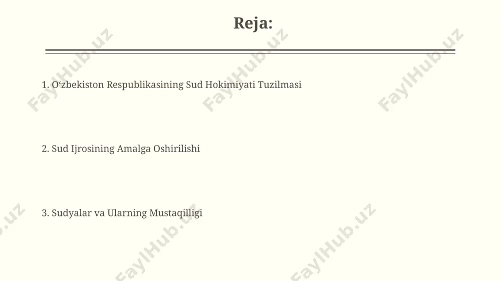 hun konstitutsiyada 15 dan ortiq modda mavjud bo'lib, ular sudyalarning betarafligi va mustaqil qaror qabul qilish huquqini kafolatlaydi. sudlarning turlari va vakolatlari o‘zbekiston respublikasining sud tizimi 3 bosqichdan: mahalliy, viloyat va oliy sudlardan iborat bo‘lib, ularning har biri o‘z vakolat doirasida 1-instansiya va apellyatsiya sud sifatida ish ko‘radi. konstitutsiyaviy sud 15 nafar sudyadan iborat bo‘lib, konstitutsiyaviy qonunlarning muvofiqligini tekshiradi va konstitutsiyaga zid bo‘lgan qonun hujjatlarini bekor qilish huquqiga ega. oliy sudning vazifalari va vakolatlari oliy sud konstitutsiyaga muvofiq, 15 nafar sudyadan iborat boʻlib, ularning vakolat muddati 10 yilni tashkil etadi. oliy sudning vakolatiga fuqarolik, jinoyat va ma’muriy ishlar boʻyicha kassatsiya va nazorat instansiyasi sifatida qarorlarni qayta koʻrib chiqish kiradi. fuqarolik ishlarini koʻrish tartibi fuqarolik ishlarini koʻrish tartibida sud 1 oy ichida ishni koʻrib chiqishni tugallashi kerak, ammo murakkab holatlarda ushbu muddat 2 oygacha uzaytirilishi mumkin. da'vo arizasi berilgandan keyin, sud tomonidan 5 kun ichida uni qabul qilish yoki rad etish …