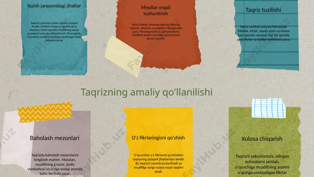 a ega, bu esa ularning samaradorligini oshiradi. taqriz yozish jarayonida muallif va o'quvchilar o'rtasidagi o'zaro aloqalar muhim ahamiyatga ega, chunki bu fikrlarni yanada boyitadi. taqriz tuzilishi: kirish, asosiy qism va xulosa o'rtasidagi bog'liqlikni tushunish zarur, chunki bu taqrizning mantiqiy tuzilishini ta'minlaydi. shuningdek, taqriz yozishdagi muammolarni hal qilish va ijodiy to'siqlarni yengish uchun samarali strategiyalarni qo'llash muhimdir, bu esa yozuvchining ijodiy jarayonini yanada soddalashtiradi. photo by kadarius seegars on unsplash e'tiboringiz uchun rahmat! image1.png image2.png image3.png image4.png image5.png image6.png image7.png image8.png image9.png image10.png image11.png image12.png image13.png image14.png image15.png image16.png image17.png image56.jpg image25.png image26.jpeg image27.png image28.png image57.jpg image24.png image18.png image19.png image20.png image21.png image22.png image23.png image52.png image53.png image54.png image55.png