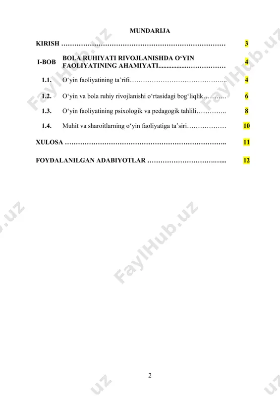 rning emotsional, intellektual va ijtimoiy rivojlanishiga oid nazariy va amaliy tadqiqotlar. amaliy ahamiyati: tadqiqot natijalari pedagog va psixologlarga bolalar rivojlanishida o‘yinlardan samarali foydalanish bo‘yicha ilmiy asoslangan tavsiyalar ishlab chiqishga yordam beradi. bu esa ta’lim muassasalari va oilaviy tarbiya jarayonlarida bola ruhiyatini yanada rivojlantirishga xizmat qiladi. i bob. bola ruhiyati rivojlanishda o‘yin faoliyatining ahamiyati 1.1. o‘yin faoliyatining ta’rifi o‘yin faoliyati inson hayotida muhim o‘rin tutadigan psixologik va pedagogik jarayon bo‘lib, u nafaqat bolalar, balki kattalar uchun ham rivojlanish, o‘rganish va dam olish vositasi hisoblanadi. o‘yin inson tafakkurini rivojlantirish, ijtimoiy ko‘nikmalarni shakllantirish va ma’lum bir tajribani o‘zlashtirishga yordam beradi. u real hayot jarayonlarini modellashtirishga imkon berib, shaxsning muayyan sharoitlarda qanday yo‘l tutishi kerakligini tushunishiga yordam beradi. o‘yin faoliyati mustaqil yoki jamoaviy shaklda amalga oshirilishi mumkin. mustaqil o‘yinlar insonning o‘z fikrini mustahkamlashiga, mustaqil qaror qabul qilishiga va ijodiy tafakkurini rivojlantirishga xizmat qiladi. jamoaviy o‘yinlar esa kommunikativ ko‘nikmalarni shakllantirib, jamoa bilan ishlash qobiliyatini oshirishga, …