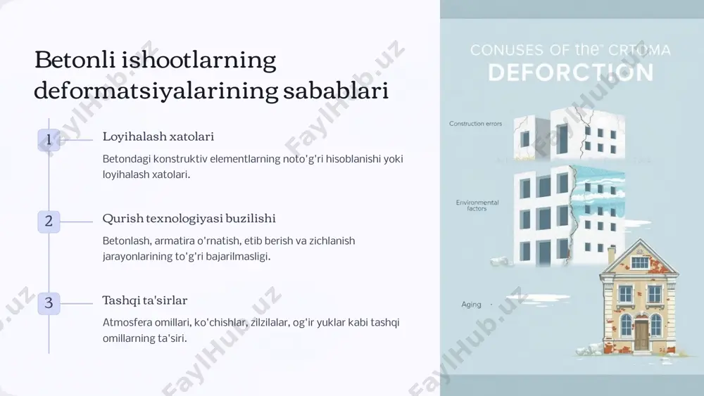hiruvlar va o'z vaqtida ta'mirlash ishlarini olib borish zарur. 3 zamonaviy texnologiyalardan foydalanish deformatsiyalarni bartaraf etish va konstruksiyalarni mustahkamlash uchun zamonaviy materiallar va usullardan foydalanish samarali. 10 foydalanilgan adabiyotlar karimov i.a. (2013) "o'zbekiston - bunyodkor mustaqil davlat". toshkent. o'zbekiston respublikasi qonuni "suv va suv xo'jaligi to'g'risida". mirziyoev sh.m. (2018) "erkin va farovon, demokratik o'zbekiston davlatini birgalikda barpo etamiz". toshkent. abdullayeva m. (2020) "o'zbekistonda suv resurslarini boshqarish va samarali foydalanish istiqbollari". toshkent. 11 image1.png image2.png image3.png image4.png image5.png image6.png image7.png image8.png image9.png image10.png image11.png image12.png image13.png image14.png image15.png image16.png image17.png