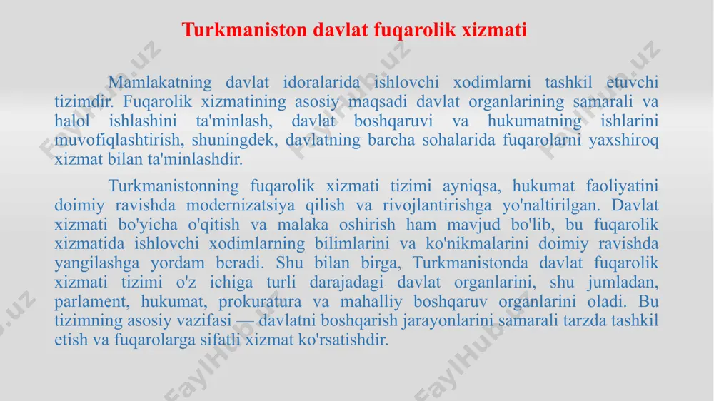 a kirish tartibi: davlat fuqarolik xizmatiga kirish bilan bog'liq qonuniy kafolatlar mavjud. bu kafolatlar, xodimlarning huquqlarini himoya qilish, ularga adolatli munosabatda bo'lish va mehnat sharoitlarini ta'minlashni o'z ichiga oladi. shuningdek, ular ish joyida har qanday kamsitish yoki noqonuniy amallarni oldini olish uchun huquqiy himoya bilan ta'minlanadi. turkmanistonning davlat fuqarolik xizmatiga kirish tartibi, mamlakatda davlat boshqaruvini yaxshilash va fuqarolar uchun samarali xizmat ko'rsatishni ta'minlashga qaratilgan. turkmaniston davlat fuqarolik xizmatidan chetlashtirilish masalasi turkmaniston davlat fuqarolik xizmatidan chetlashtirish — bu davlat xizmatchisining o'z lavozimidan yoki davlat organlaridagi faoliyatidan ma'lum sabablarga ko'ra chetlashtirilishi, ya'ni undan olib tashlanishi yoki ishdan bo'shatilishidir. bunday chetlashtirishni amalga oshirishning huquqiy asoslari va tartibi mavjud bo'lib, u davlat fuqarolik xizmatiga oid qonunlar va me'yorlarga muvofiq amalga oshiriladi turkmaniston davlat fuqarolik xizmatidan chetlashtirishning bir nechta asosiy sabablari mavjud. ular quyidagilardan iborat bo'lishi mumkin: jinoyat ishlarining bo'lishi mehnat intizomi buzilishi qonunlarga va axloqiy me'yorlarga rioya qilmaslik sog'liqni saqlash bo'yicha cheklovlar yosh chegarasining …