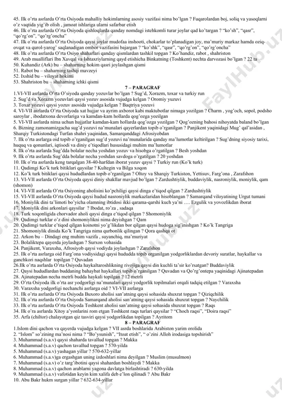 haqa tangalarning zarb etilishi 61. ko’chmanchi eftallar o’rta osiyoning qaysi hududlarida tez o’troqlashadi ? toxariston va sharqiy sug’d 62. eftallar davrida qaysi vohalarda baland poydevor ustiga bino qilingan ko’plab istehkomli qasrlar va qo’rgónlar qad ko’targan ? samarqand, buxoro, naxshab , choch 63. “pandus” nima ? qiya ko’tarma yo’lak 64. ilk o’rta asrlarda o’rta osiyoda eftallar davrida chorvador aholi o’rtasida qaysi til muhiti hukmron bo’lgan? turkiy til 65. ilk o’rta asrlarda o’rta osiyoda eftallar davrida o’troq aholi orasida qaysi tillar keng tarqalgan ? bir qismida turkiy til, ikkinchi qismida sug’diy til 66. ilk o’rta asrlarda o’rta osiyoda eftallar davrida qaysi til xalqaro til bo’lgan ? sug’d tili 67. ilk o’rta asrlarda o’rta osiyoda eftallar davrida qaysi til yettisuv va fargóna orqali sharqiy turkistonga kirib xitoygacha borgan ? sug’d tili 68. v-vi asrlarda o’rta osiyoda qaysi yozuvlar tarqalgan ? sug’d, xorazm, eftal 68. mihirakula qaysi davlat hukmdori bo’lgan ? eftallar davlati 69. …