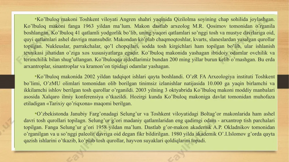 ton qishlog’i yaqinida joylashgan. g’orning kengligi 1,5 m, balandligi 0,9 m, chuqurligi 25 m. g’or-makonning madaniy qatlamlaridan qirg’ich, paykon, plastinkalar, nukleuslar, qo’l chopqilari, osiyo mufloni (arhar), qo’ng’ir ayiq, tog’ echkisi suyagi, gulxan qoldiqlari topilgan. obirahmat g’or-makoni toshkent shahridan 100 km shimоli-sharqda, g’arbiy tyan-shan-chotqol tizmasidagi paltov soyining yuqori sohilidа joylashgan. qazuv ishlari jarayonida 21 ta madaniy qatlam mavjud ekanligi aniqlandi. xo’jakent manzilgohi toshkent shahridan 80 km shimoli-sharqda, chirchiq daryosining chap sohilidagi xo’jakent qishlog’i yaqinida joylashgan. g’or shimoli-g’arbga qaragan, balandligi 2,5 m, kengligi 6 m, chuqurligi 4 m. g’ordan ishlov berilgan nekleuslar, qo’l chopqilari, parrakchalar, teshgich-bigizlar topilgan bo’lib, odamlar miloddan 100-40 ming yillar ilgari yashaganlar va asosan termachilik hamda ovchilik bilan shug’ullanganlar. ko’buloq joy-makoni ohangaron daryosining o’ng irmog’idan biri – qizil olma soyining o’rta oqimida, angren shahridan 10-12 km g’arbda joylashgan obliq qishlog’idan 5 km shimoli-g’arbda joylashgan. bu yodgorlik ko’p qatlamli bo’lib, unda arxantroplar, neandertallar va kramonyonlar yashashgan. ko’lbuloq 41 ta qatlamdan …