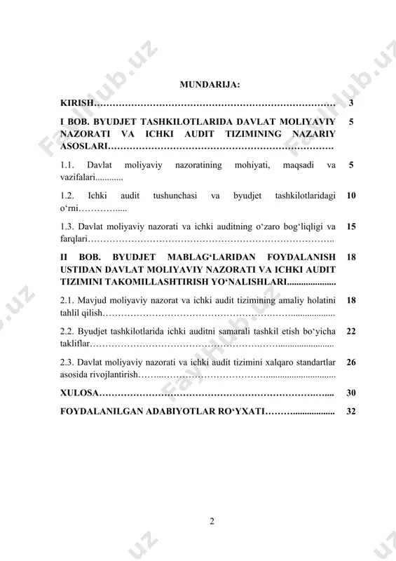 minlash bo‘yicha keng ko‘lamli islohotlar amalga oshirilmoqda. davlat byudjeti mamlakatning ijtimoiy-iqtisodiy rivojlanishini moliyalashtiruvchi asosiy manba bo‘lib, uning samarali boshqarilishi, resurslarning oqilona taqsimlanishi va ularning maqsadli ishlatilishini nazorat qilish davlat siyosatining eng muhim ustuvor yo‘nalishlaridan biridir. byudjet mablag‘lari ustidan samarali nazorat o‘rnatish hamda ichki audit tizimini takomillashtirish — moliyaviy intizomni mustahkamlash, korrupsion xavflarni kamaytirish, byudjet tashkilotlari faoliyatida samaradorlikni oshirish uchun zarur shartdir. bozor iqtisodiyoti sharoitida davlat moliyasini boshqarishning samaradorligini oshirish eng muhim vazifalardan biri hisoblanadi. davlat moliyaviy nazorati va ichki audit tizimi byudjet mablag‘laridan maqsadli, oqilona hamda qonuniy foydalanilishini ta’minlashda hal qiluvchi ahamiyatga ega. byudjet tashkilotlari faoliyatida mablag‘larni samarali boshqarish faqat moliyaviy resurslarni taqsimlash va xarajatlarni rejalashtirish bilan cheklanmay, balki ularni doimiy monitoring qilish, natijadorlikni baholash va qonunchilik talablariga rioya etilishini ta’minlash orqali amalga oshiriladi. kurs ishining dolzarbligi - bugungi kunda byudjet mablag‘laridan foydalanish jarayonida yuzaga kelishi mumkin bo‘lgan suiiste’mol, samarasiz xarajatlar va maqsadli ishlatilmaslik holatlari davlatning moliyaviy barqarorligiga bevosita salbiy …