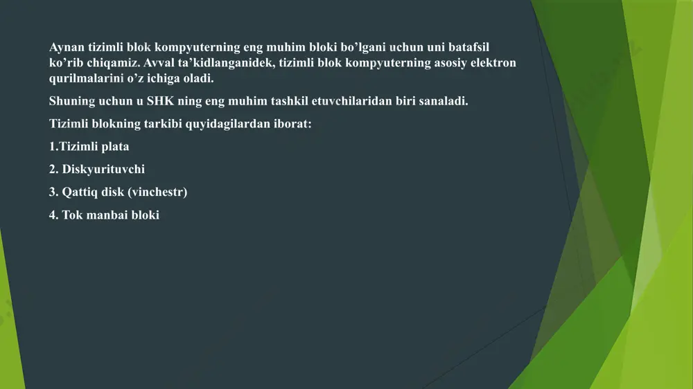 terlarning butun taraqqiyoti mikroprotsessorlarni ishlab chiqaruvchi intel firmasi bilan bog’liq. aksariyat shaxsiy kompyuterlar ushbu firma mikroprotsessorlari bilan ishlaydi. shartli ravishda firmaning 8086 yoki 8088 (16 razryadli) mikroprotsessorlari ibm rs xt (extended version, “iks-ti” deb o’qiladi) deb nomlanadi. mazkur firmaning 80286 (16 razryadli) mikroprotsessorlari bilan ta’minlangan shk lar ibm rs at (advanced techology) deb ataladi. ibm rs shaxsiy kompyuterlarning oilasi tez rivojlanmoqda. bugungi kunga kelib intel firmasining ko’p razryadli ishlash samarasi va imkoniyati katta rentium shaxsiy kompyuterlari tez tarqaldi. rower rs rusumidagi yana ham kuchli mikroprotsessorlarning tarqalishi kutilmoqda. tizimli platada joylashgan yana bir eng muhim element -tezkor xotira mikrosxemalaridir tezkor xotira yoki tezkor xotira qurilmasi (txq) o’zida ayni vaqtda kompyuter ishlayotgan dasturlar uchun ma’lumotlar shu bilan birga ishning natijasi saqlanadigan mikrosxemalardan tashkil topgan. tizimli platada joylashgan xotiraning yana bir turi - doimiy xotira qurilmasi (dxq,) yoki doimiy xotira (dx) deb ataladi. doimiy xotira bios (basic inrut - outrut system - kiritish …