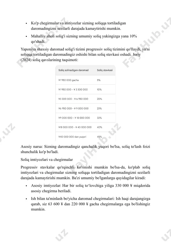 olig'i tizimi progressiv soliq tizimini qo'llaydi, ya'ni soliqqa tortiladigan daromadingiz oshishi bilan soliq stavkasi oshadi. joriy (2024) soliq qavslarining taqsimoti: asosiy narsa: sizning daromadingiz qanchalik yuqori bo'lsa, soliq to'lash foizi shunchalik ko'p bo'ladi. soliq imtiyozlari va chegirmalar progressiv stavkalar qo'rqinchli ko'rinishi mumkin bo'lsa-da, ko'plab soliq imtiyozlari va chegirmalar sizning soliqqa tortiladigan daromadingizni sezilarli darajada kamaytirishi mumkin. ba'zi umumiy bo'lganlarga quyidagilar kiradi: · asosiy imtiyozlar: har bir soliq to‘lovchiga yiliga 330 000 ¥ miqdorida asosiy chegirma beriladi. · ish bilan ta'minlash bo'yicha daromad chegirmalari: ish haqi darajangizga qarab, siz 63 600 ¥ dan 220 000 ¥ gacha chegirmalarga ega bo'lishingiz mumkin. · ijtimoiy sug'urta mukofotlari: tibbiy sug'urta va pensiya kabi ijtimoiy sug'urta dasturlari uchun to'langan mukofotlar chegirib tashlanadi. · tibbiy xarajatlar: ¥100 000 dan ortiq malakali tibbiy xarajatlarning bir qismini chegirib tashlash mumkin. · qaramog'idagi nafaqalar: turmush o'rtoqlar, bolalar va boshqa qaramog'idagilar uchun chegirmalar mavjud. · maxsus chegirmalar: uy-joy kreditlari, ta'lim …