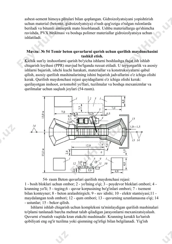 hi harakati, materiallar va konstruksiyalarni qabul qilish, asosiy qurilish mashinalarining ishini bajarish jadvallarini o'z ichiga olishi kerak. qurilish maydonchasi rejasi quyidagilarni o'z ichiga olishi kerak: qurilayotgan inshoot, avtomobil yo'llari, tuzilmalar va boshqa mexanizmlar va qurilmalar uchun saqlash joylari (54-rasm). 54- rasm beton quvurlari qurilish maydonchasi rejasi: 1 - bosh bloklari uchun ombor; 2 - yo'lning o'qi; 3 - poydevor bloklari ombori; 4 - kranning yo'li; 5 - teging;6 - quvur korpusining bo'g'inlari ombori; 7 - tsement bilan konteyner; 8 - beton aralashtirgich; 9 - suv idishi; 10 - elektr stantsiyasi;11 - maydalangan tosh ombori; 12 - qum ombori; 13 - quvurning uzunlamasına o'qi; 14 - ustunlar; 15 - bekor qilish. ishlarni ishlab chiqarish uchun kompleksni ta'minlaydigan qurilish mashinalari to'plami tanlanadi barcha mehnat talab qiladigan jarayonlarni mexanizatsiyalash. quvurni o'rnatish vaqtida kran etakchi mashinadir. kranning kerakli ko'tarish qobiliyati eng og'ir tuzilma yoki qismning og'irligi bilan belgilanadi. yig'ish trubasini yig'ish qazish ishlari tugagandan …
