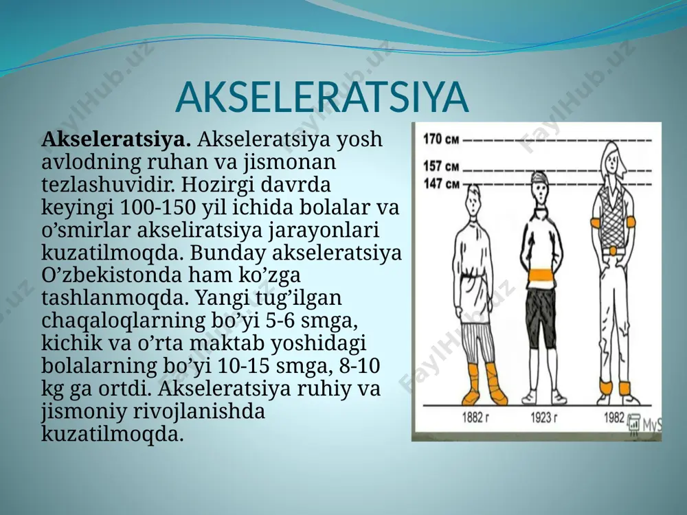 ida yer yuzida akselerasiya jarayonlari kuzatilmoqda jumladan o’zbekistonda ham. rivojlanishdagi akselerasiya muammosi va butun dunyo biologlar, tibbiyotchilari va sotsiologlari diqqatini jalb qilib kelmoqda. akselerasiyaning ijtimoiy biologik turlari o’zaro farq qilinadi. biologik akseleratsiya biologik akselerasiya deganda, insonning biologik rivojlanishiga ta’luqli barcha o’zgarishlarni tushunish kerak. bunga odamning morfologik va fuhksional rivojlanishini tavsiflovchi bir qator ko’rsatkichlar kiradi. ushbu o’zgarishlar ma’lum bir ijtimoiy muhitda sodir bo’ladi va ko’p jixatdan ijtimoiy sabablar bilan belgilanadi. biologik akseleratsiya ijtimoiy akseleratsiya ijtimoiy akselerasiya deganda, bolalar bilimlarining hajmini ulardan 50-100 yil ilgari yashagan tengdoshlarinikiga nisbatan ortganligini tushunish kerak. akseleratsiya bundan 50 yil ilgari odamlar bo’yining maksimal uzunligi 25-26 yoshga to’g’ri kelgan bo’lsa, bizning zamonamizda o’g’il bolalar 18-19 yoshda, qiz bolalar esa 16-17 yoshda to’liq jismoniy balog’atga yetadilar. yangi tug’ilgan chaqaloqlar tanasining uzunligi 1930-1940 yillardagiga nisbatan o’rtacha 1 sm ko’p. xulosa xulosa qilib aytganda, akseleratsiya bu bolalarning o`tgan asrdagi bolalarga nisbatan morfologik, fiziologik va aqliy jihatdan rivojlanishining tezlashuvidir. akseleratsiyaga bir …